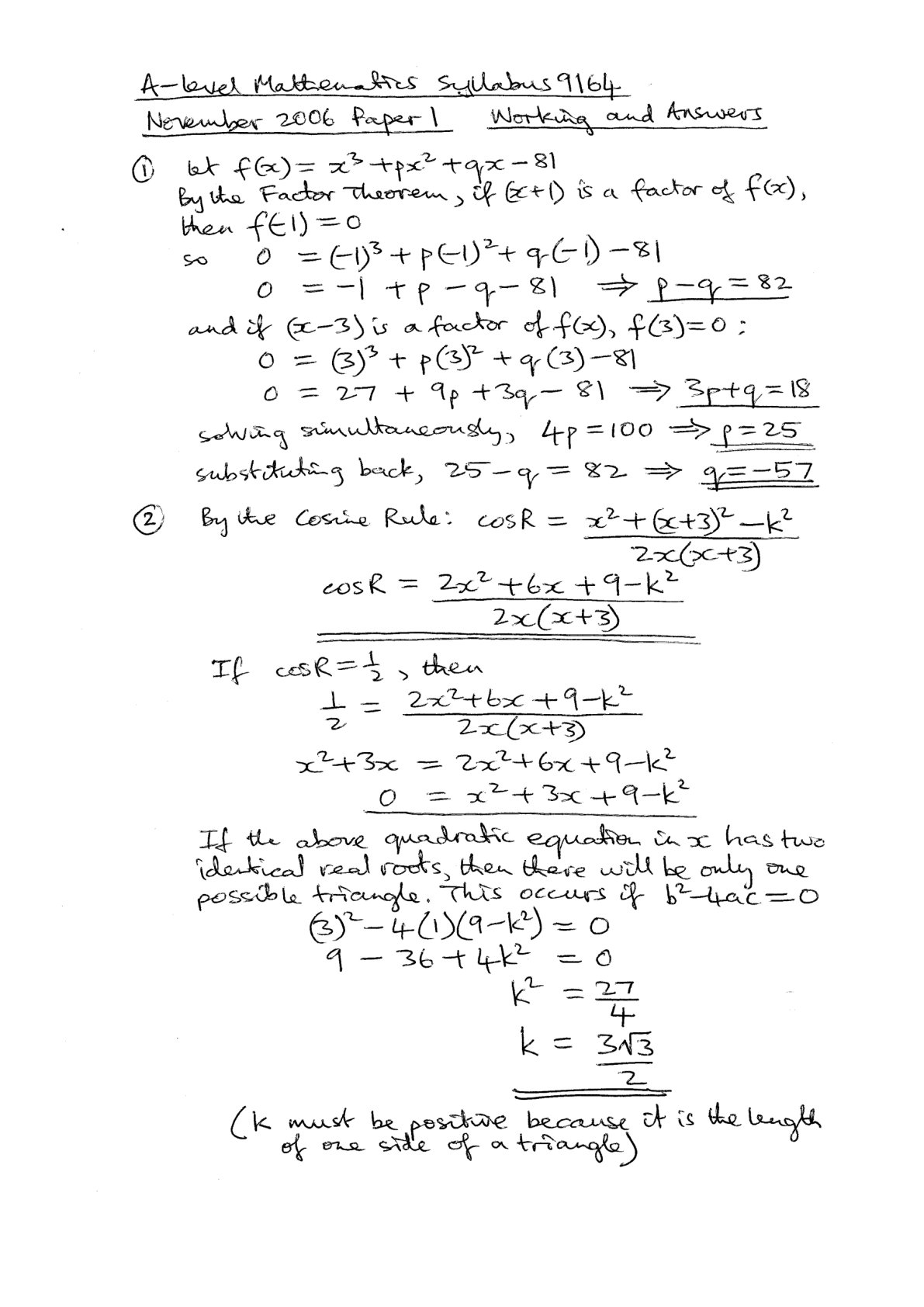 First page of A-Level Mathematics Paper 1 November 2006 Marking Scheme