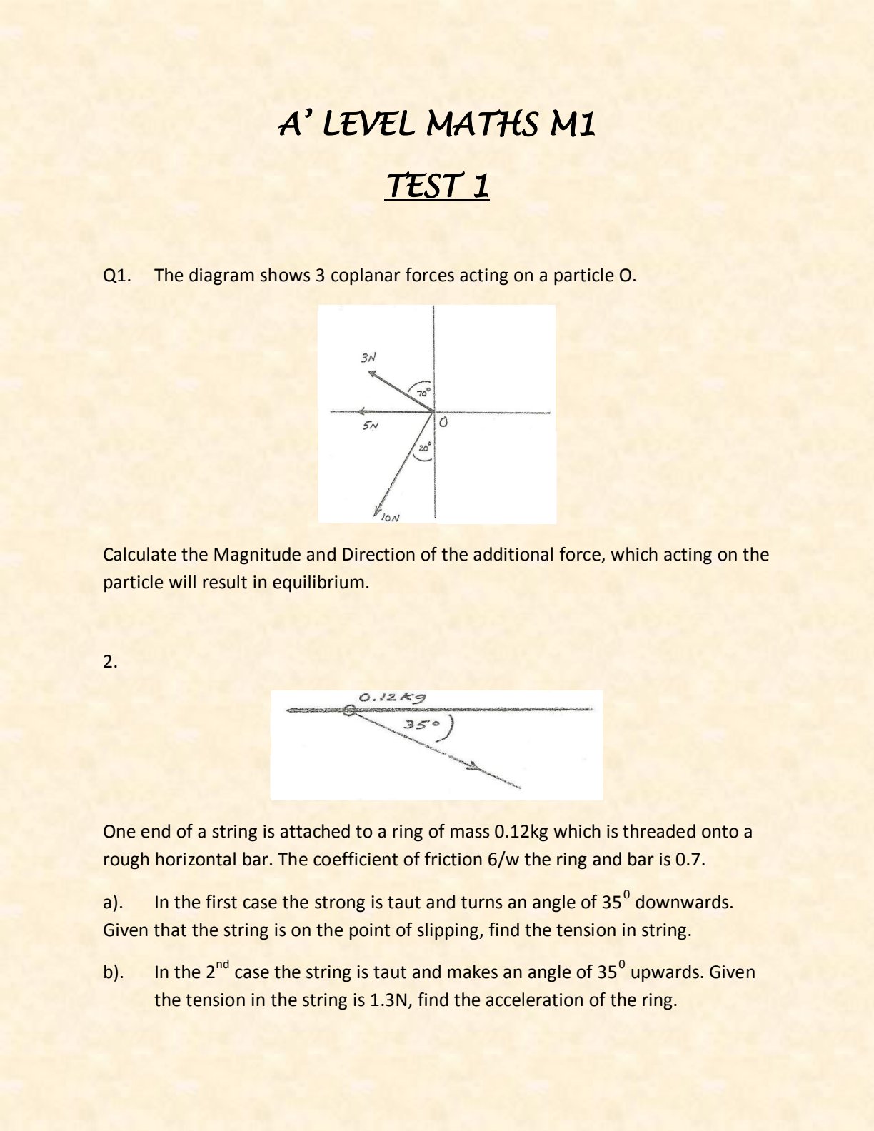 First page of A' LEVEL MATHS M1 TEST 1