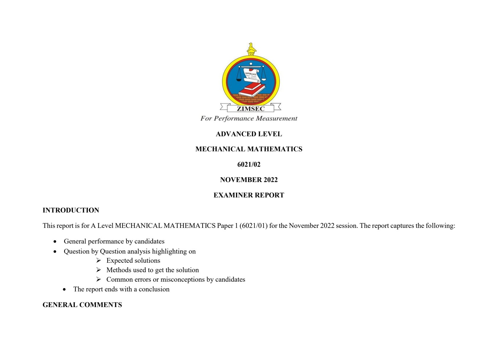 First page of A-Level Mechanical Mathematics Examiner Report Notes Zimbabwe