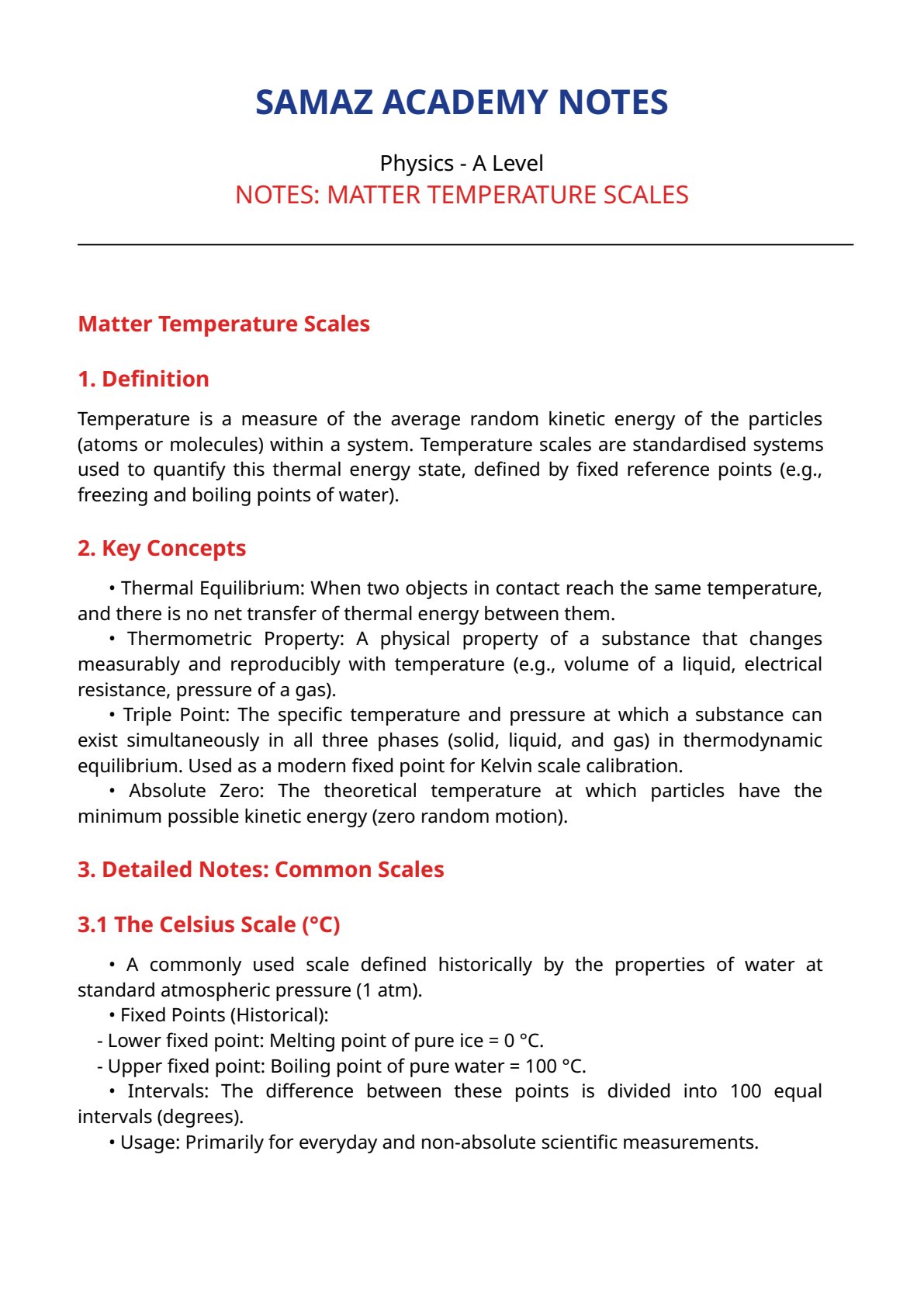 First page of A-Level Physics Matter Temperature Scales Notes Zimbabwe