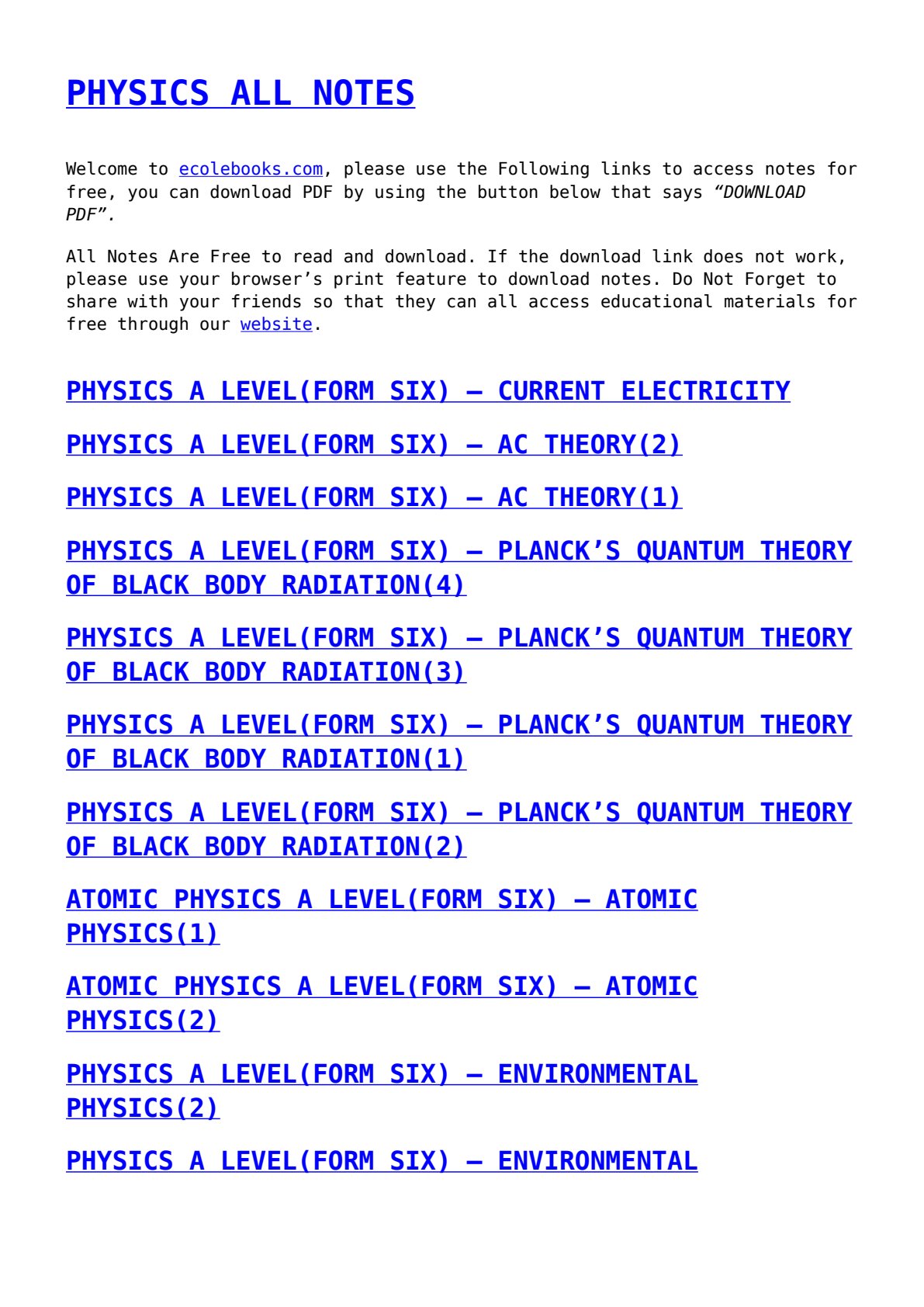 First page of A-Level Physics Notes Zimbabwe