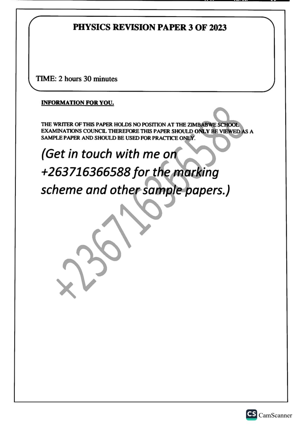 First page of A-Level Physics Revision Pack Zimbabwe