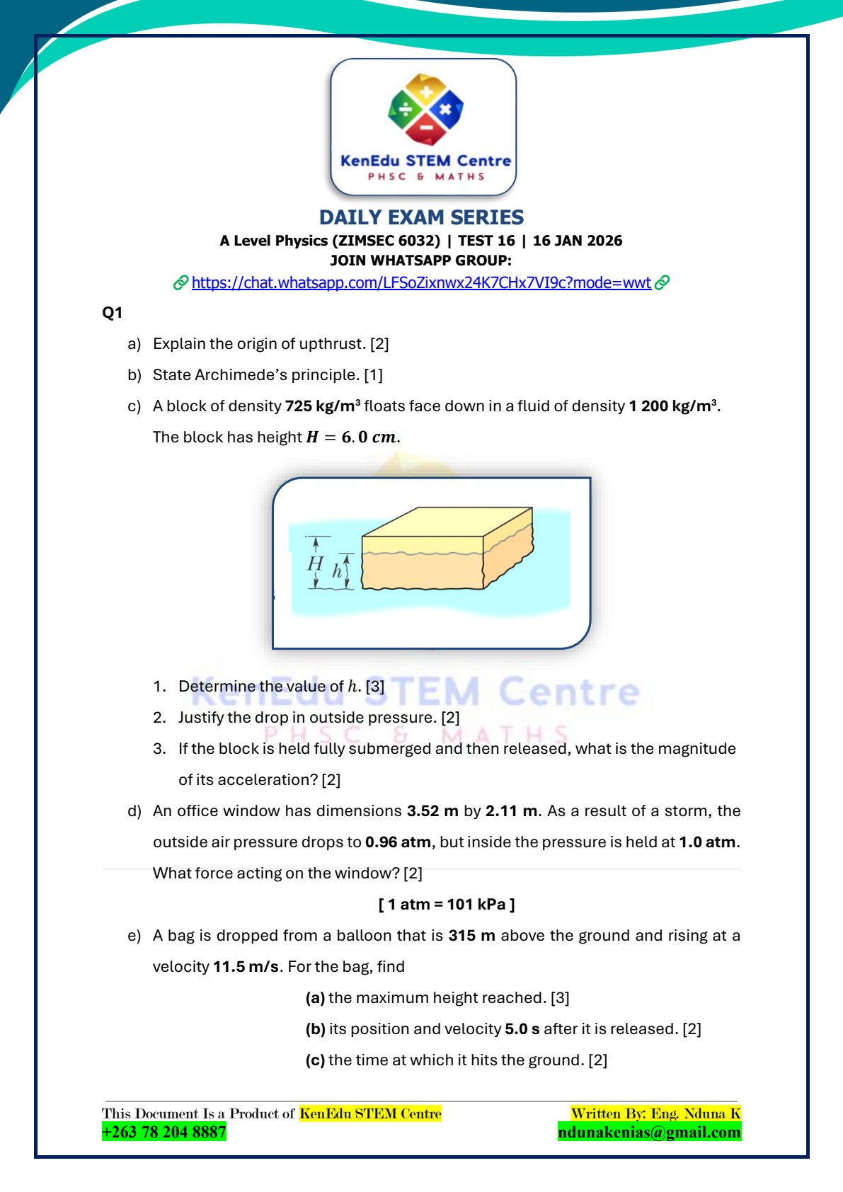 First page of A Level Physics Test 16 Question Paper