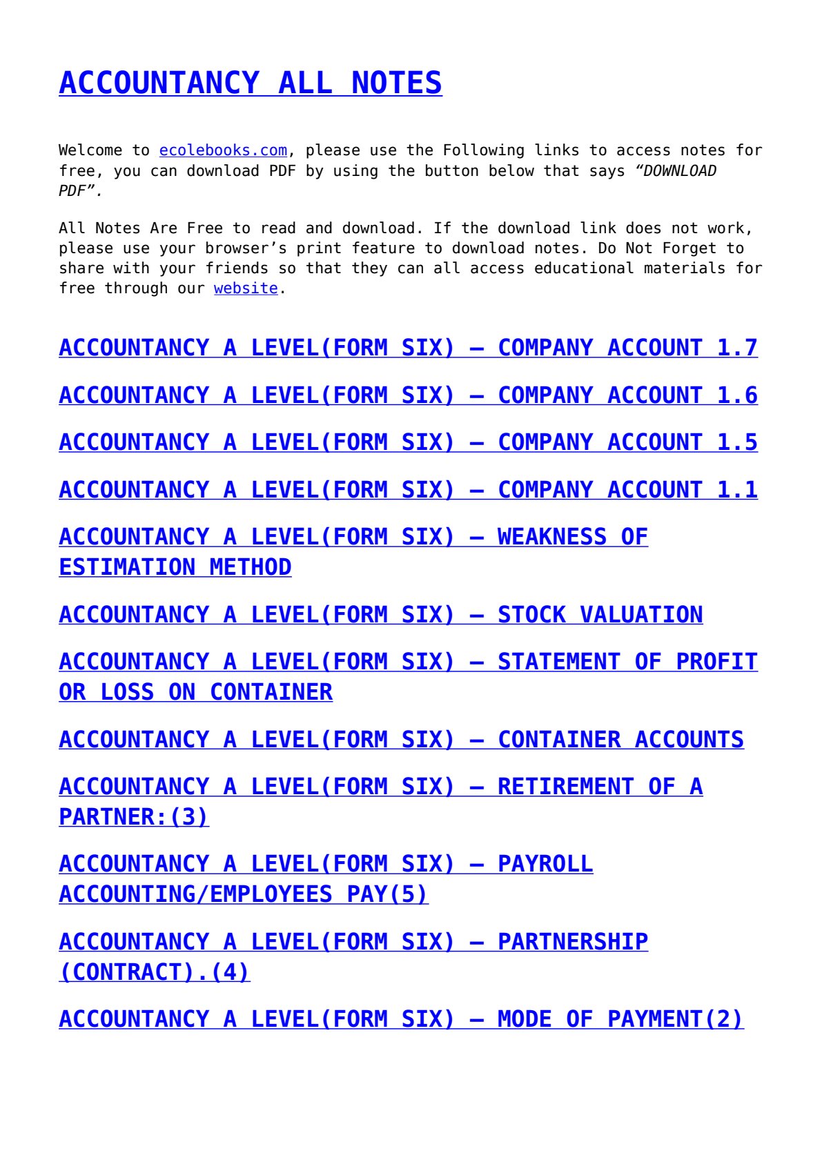 First page of A-Level Principles of Accounts Notes Zimbabwe