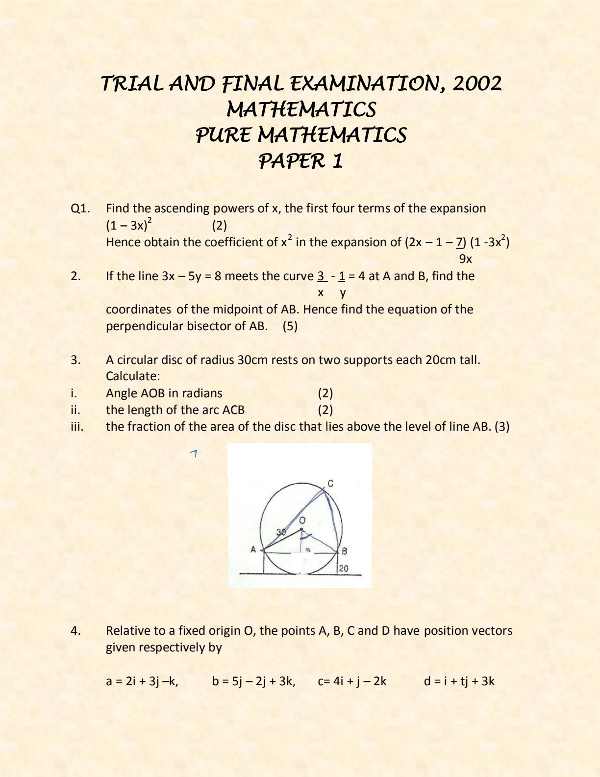 First page of A-Level Pure Mathematics 2002 Question Paper