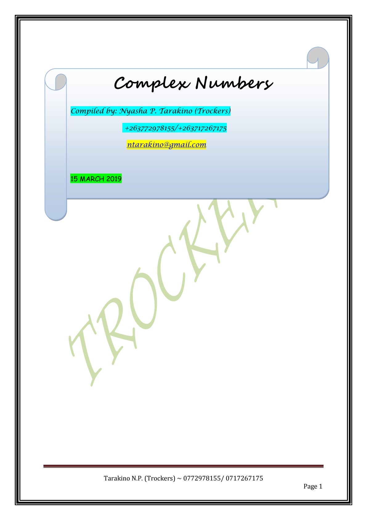 First page of A-Level Pure Mathematics Complex Numbers Notes Zimbabwe