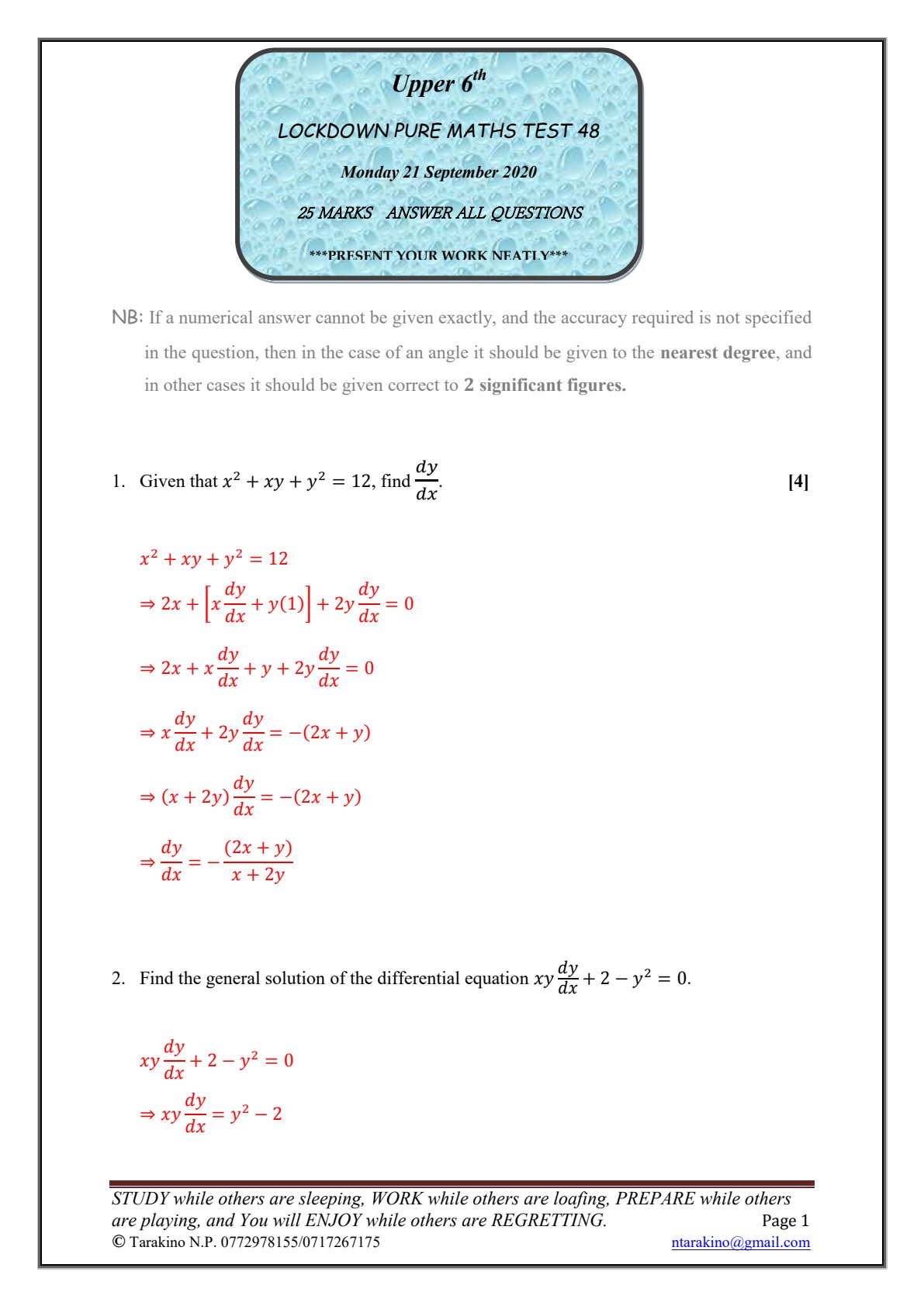First page of A-Level Pure Mathematics Differential Equations Worksheet Zimbabwe