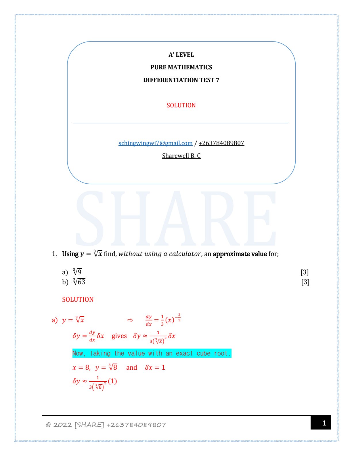 First page of A-Level Pure Mathematics Differentiation Notes Zimbabwe