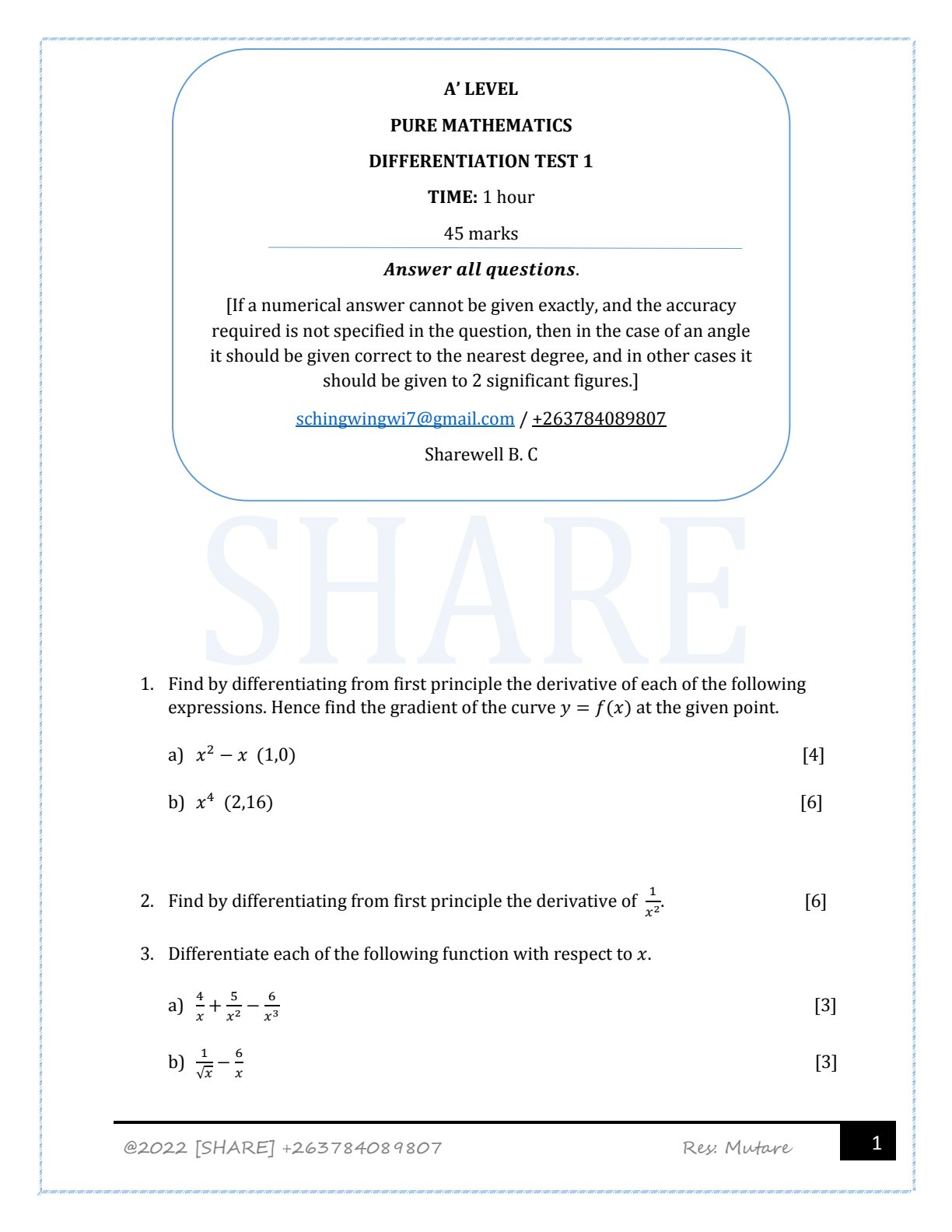 First page of A-Level Pure Mathematics Differentiation Revision Pack Zimbabwe