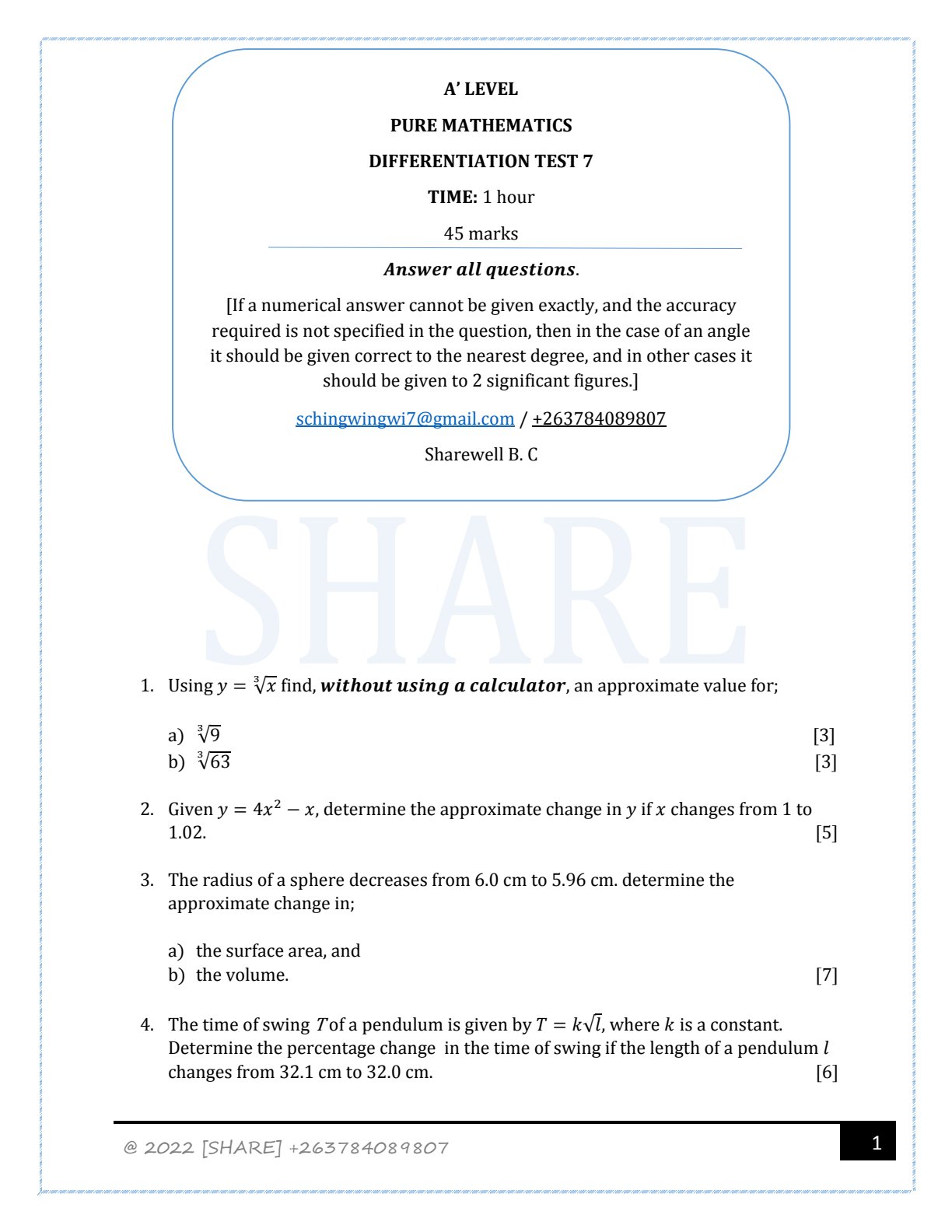First page of A-Level Pure Mathematics Differentiation Worksheet Zimbabwe