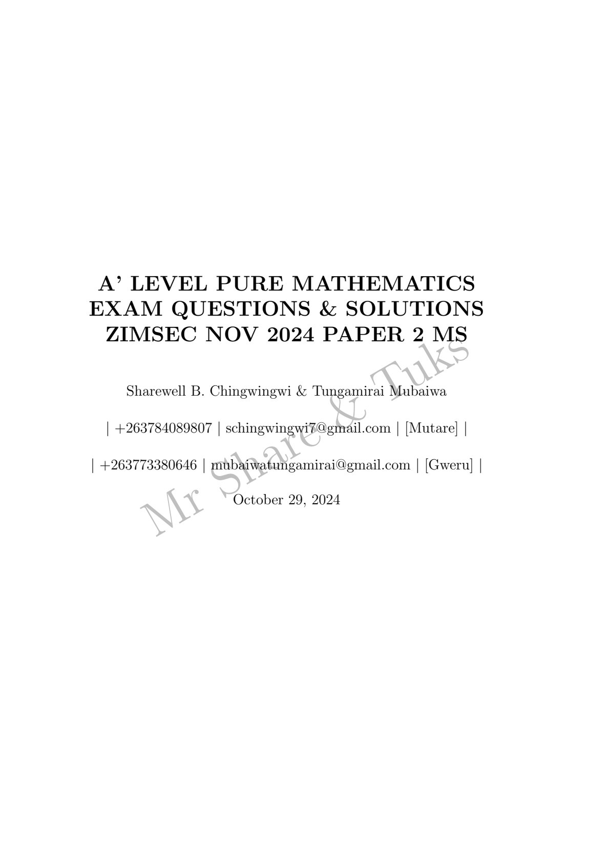 First page of A' Level Pure Mathematics Exam Questions & Solutions ZIMSEC November 2024 Paper 2 MS Marking Scheme