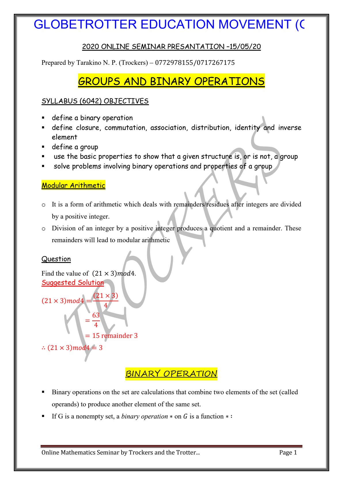 First page of A-Level Pure Mathematics Groups and Binary Operations Notes Zimbabwe