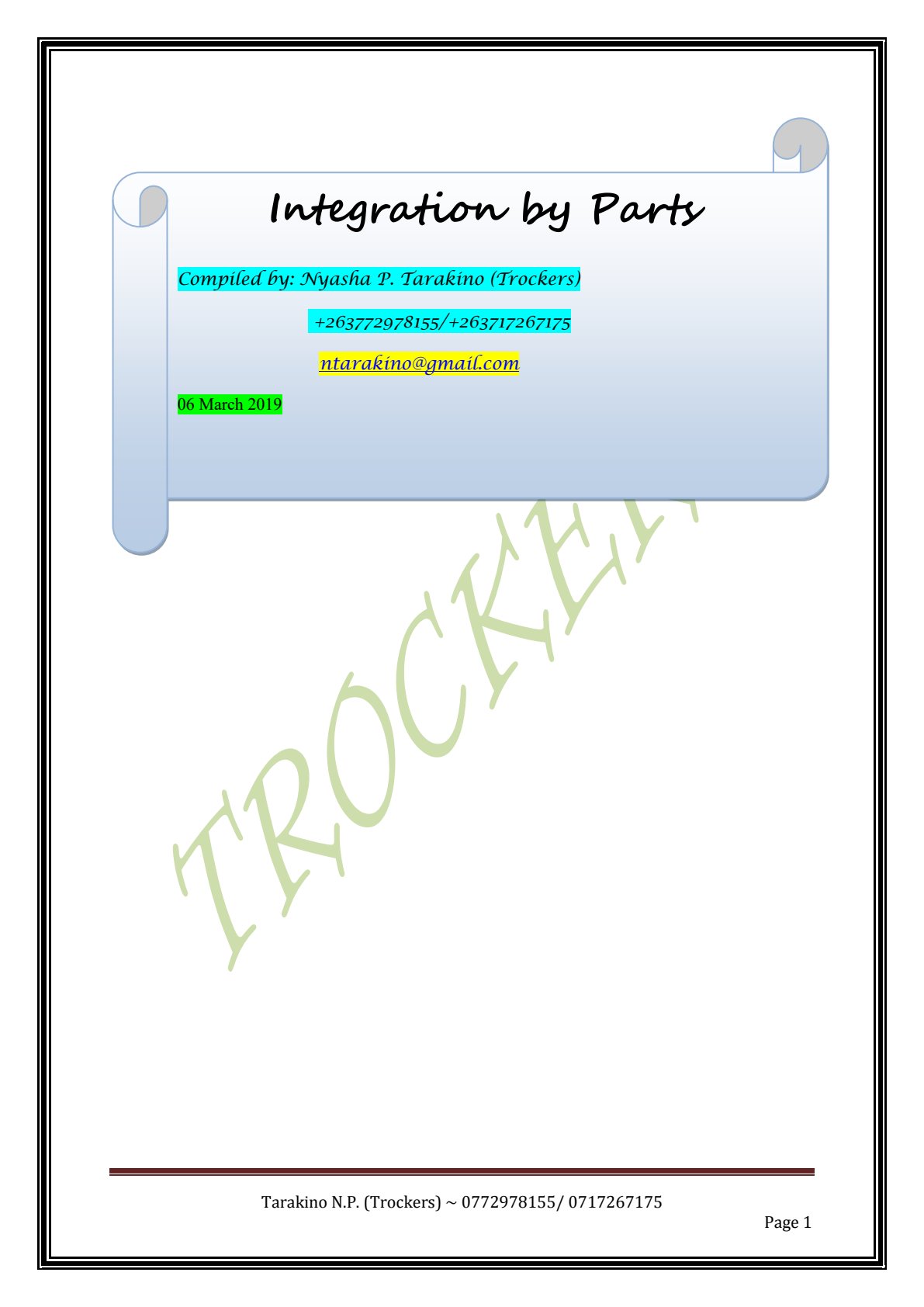First page of A-Level Pure Mathematics Integration by Parts Notes Zimbabwe