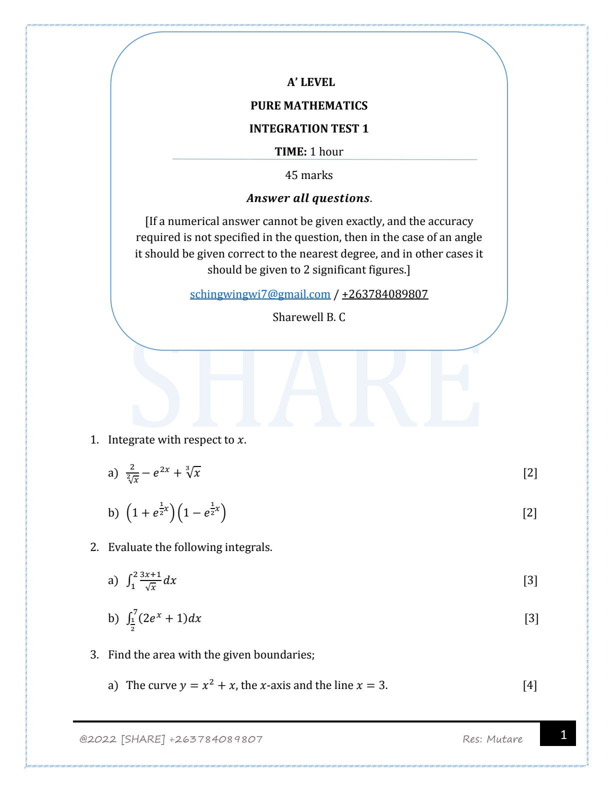 First page of A' LEVEL PURE MATHEMATICS INTEGRATION TEST 1 Question Paper