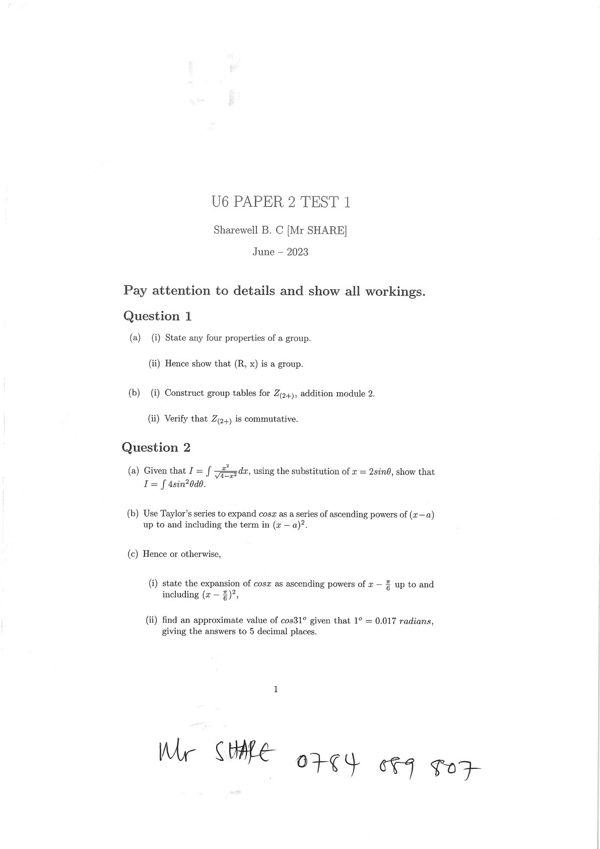 First page of A-Level Pure Mathematics June 2023 Question Paper