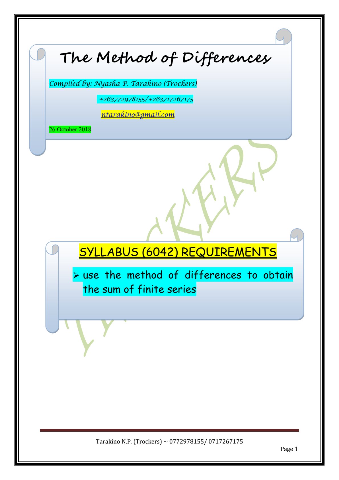 First page of A-Level Pure Mathematics Method of Differences Notes Zimbabwe