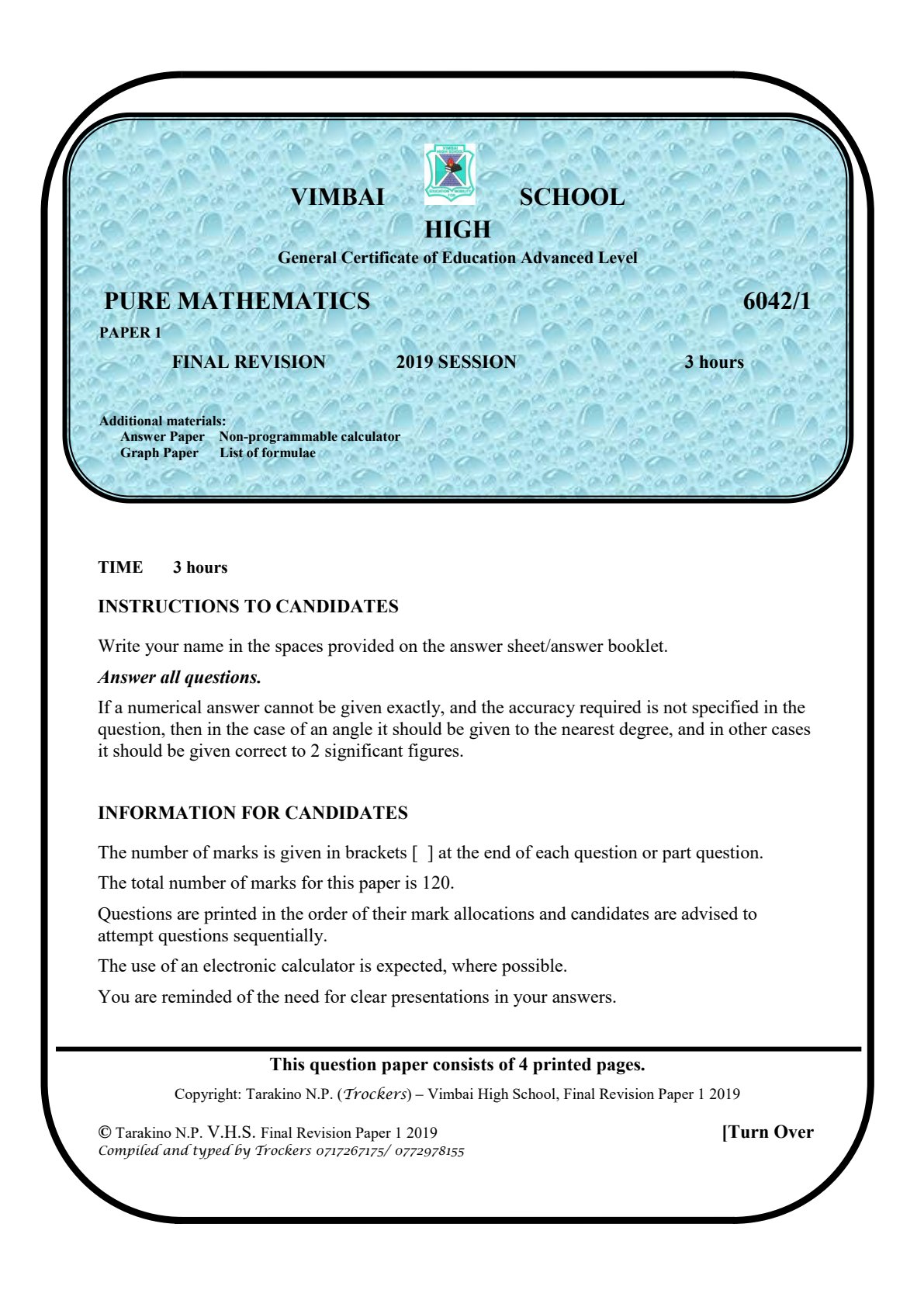 First page of A-Level Pure Mathematics Revision Pack Zimbabwe