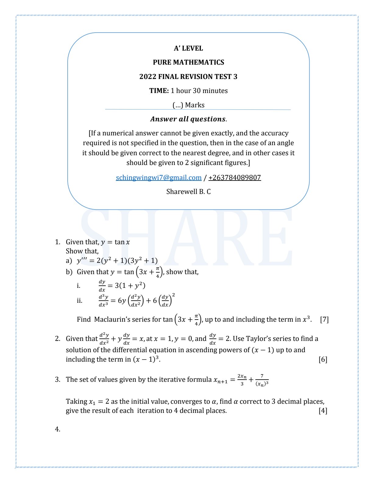 First page of A-Level Pure Mathematics Revision Pack Zimbabwe
