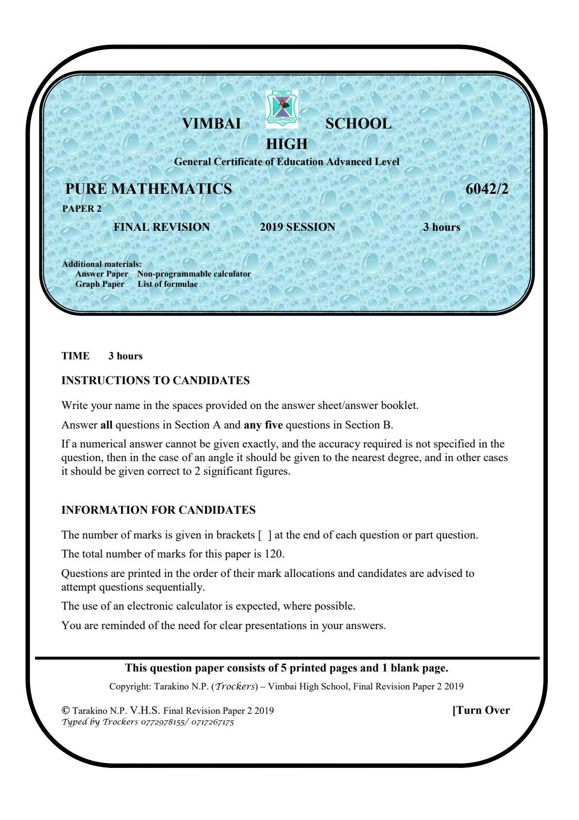 First page of A-Level Pure Mathematics Revision Pack Zimbabwe