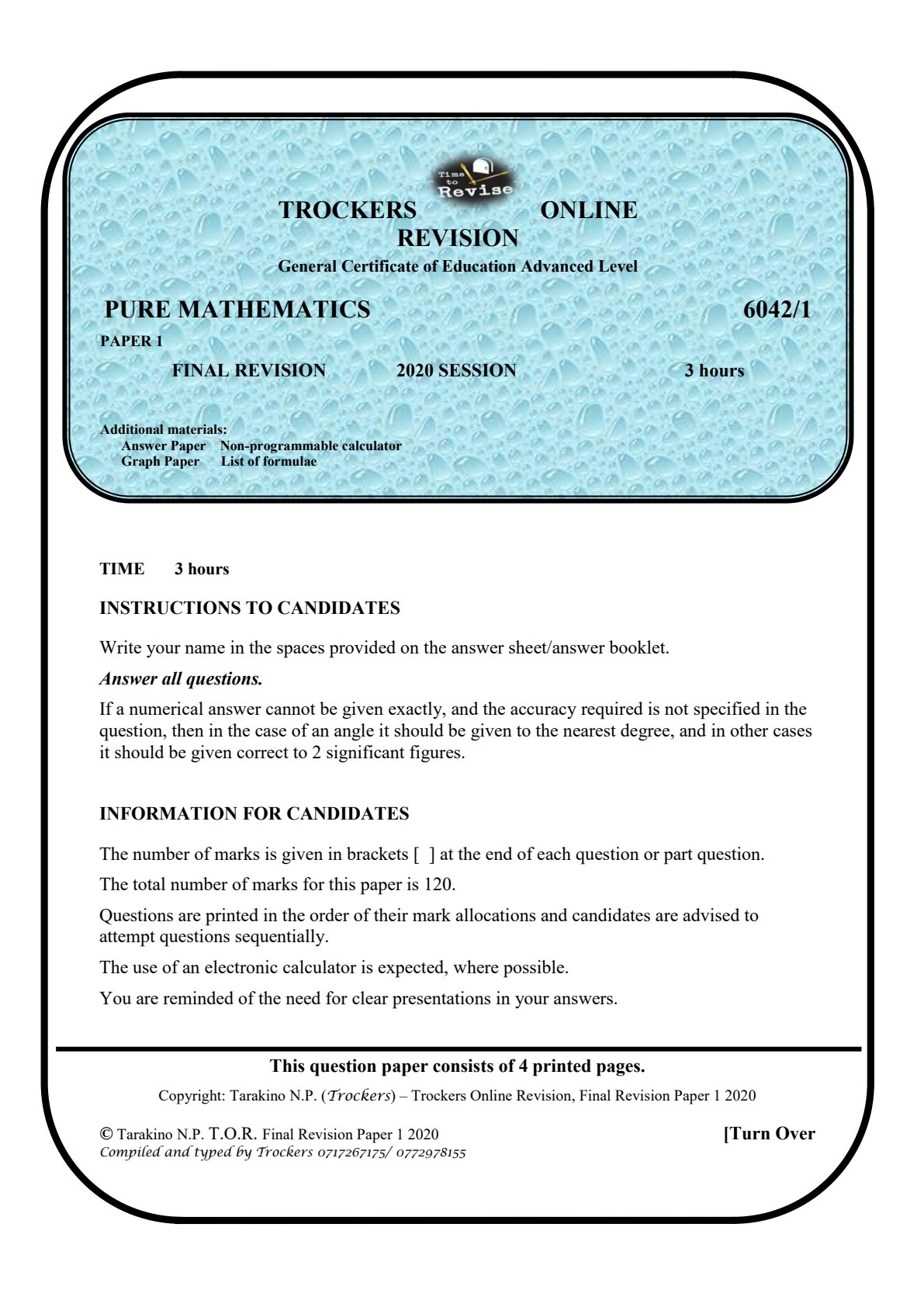 First page of A-Level Pure Mathematics Revision Pack Zimbabwe