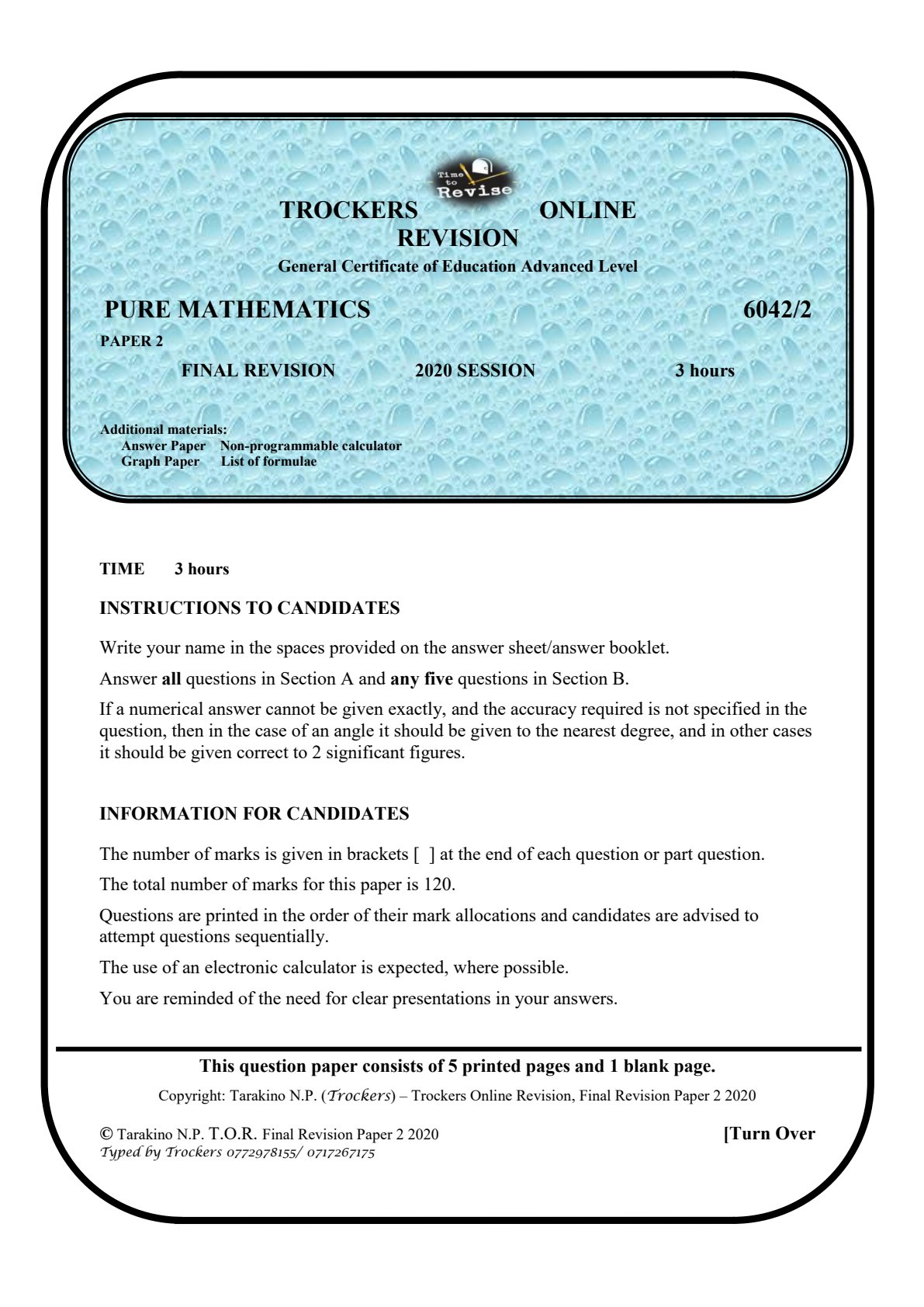 First page of A-Level Pure Mathematics Revision Pack Zimbabwe