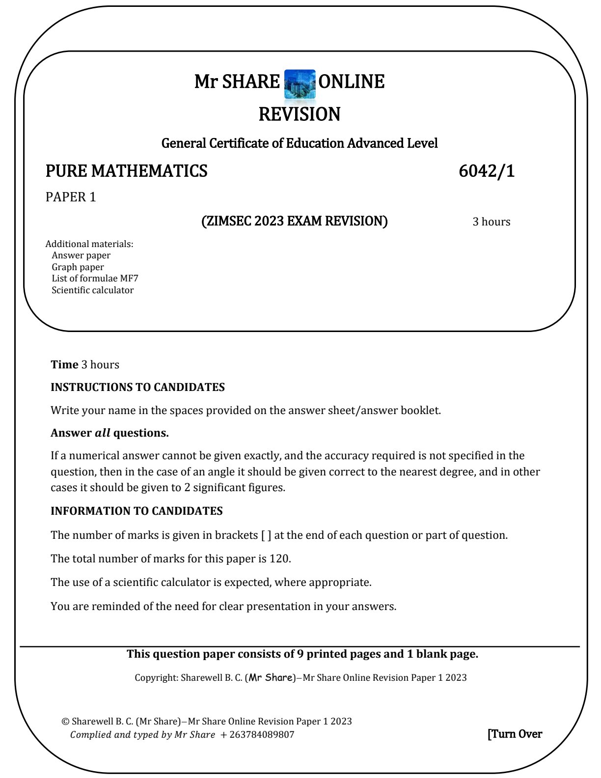 First page of A-Level Pure Mathematics Revision Pack Zimbabwe