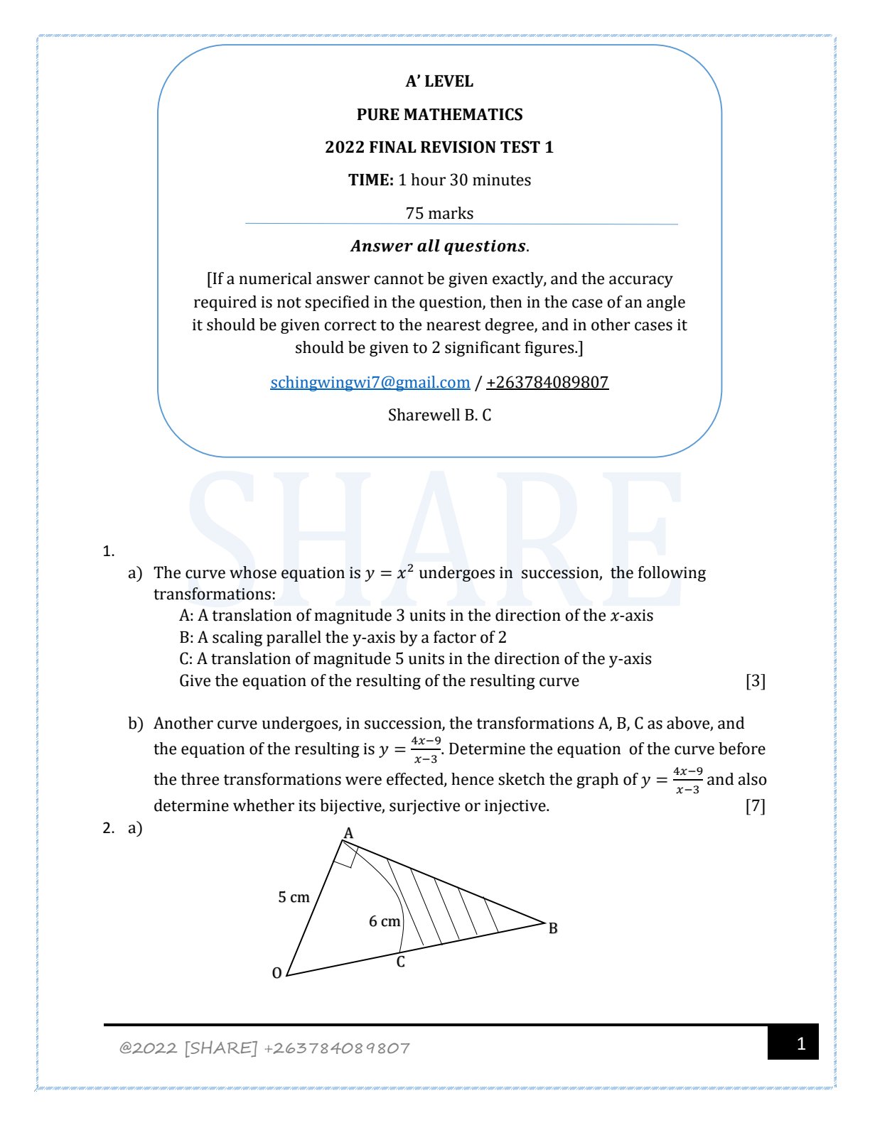 First page of A-Level Pure Mathematics Revision Pack Zimbabwe