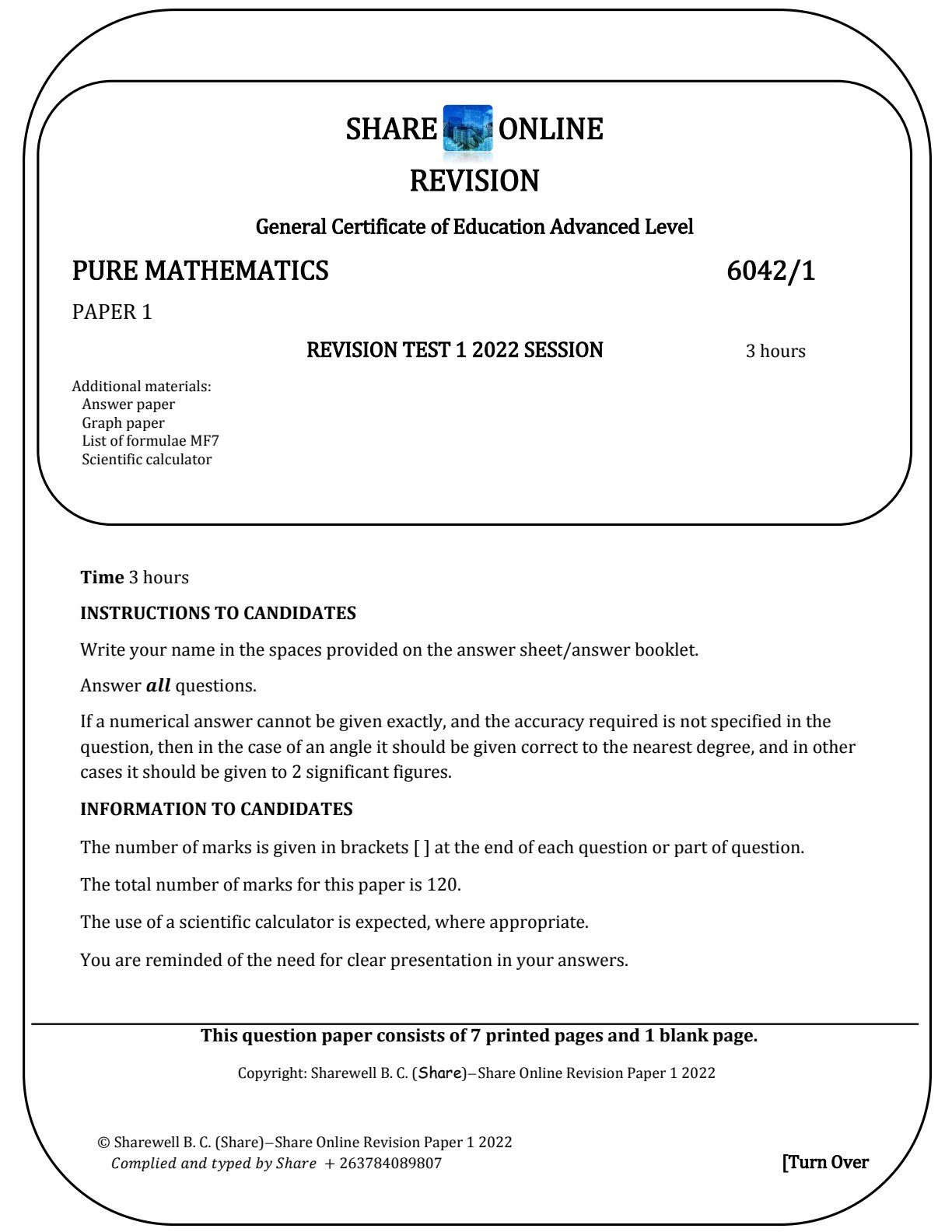First page of A-Level Pure Mathematics Revision Pack Zimbabwe