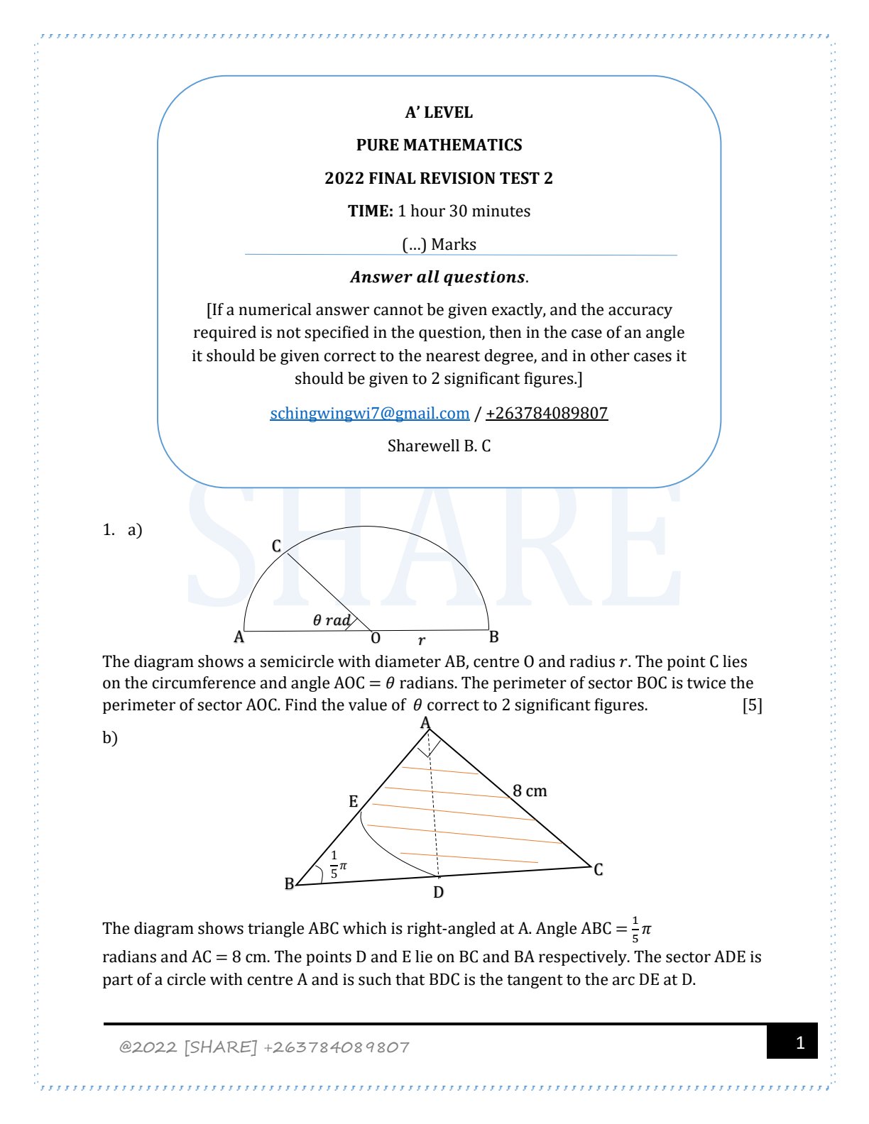 First page of A-Level Pure Mathematics Revision Pack Zimbabwe
