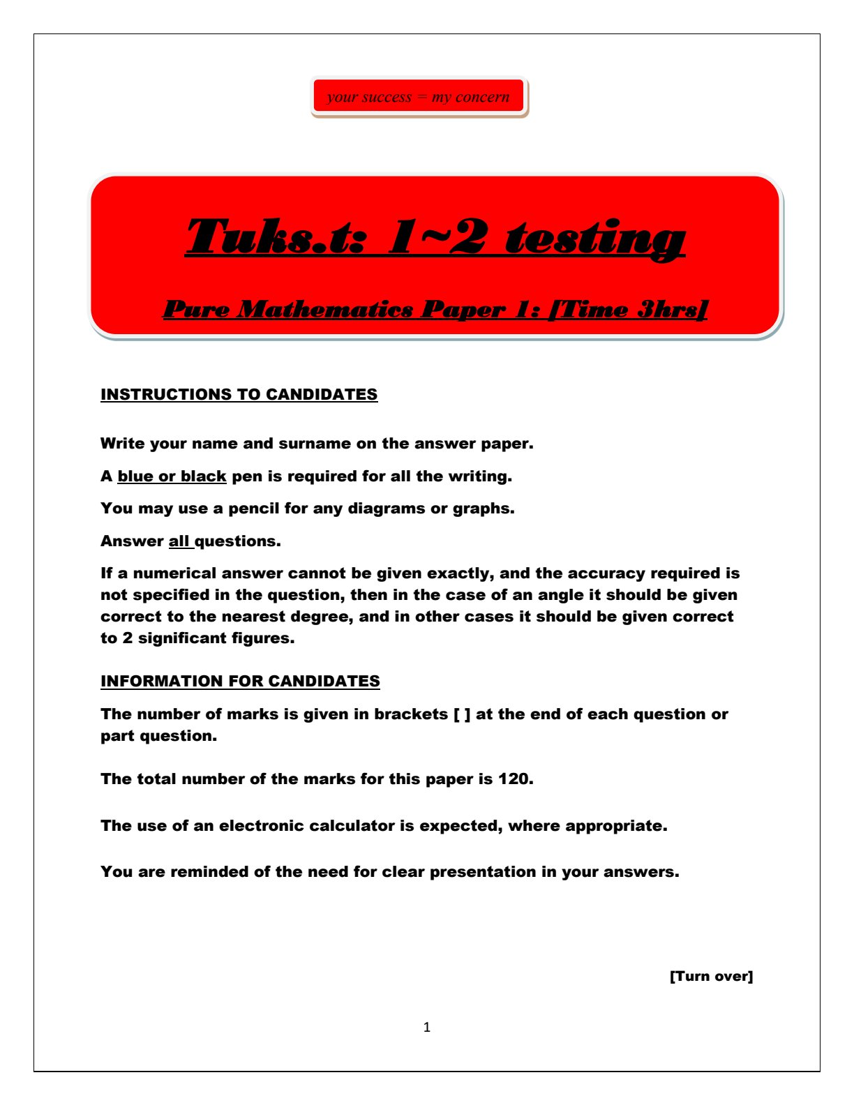First page of A-Level Pure Mathematics Revision Pack Zimbabwe