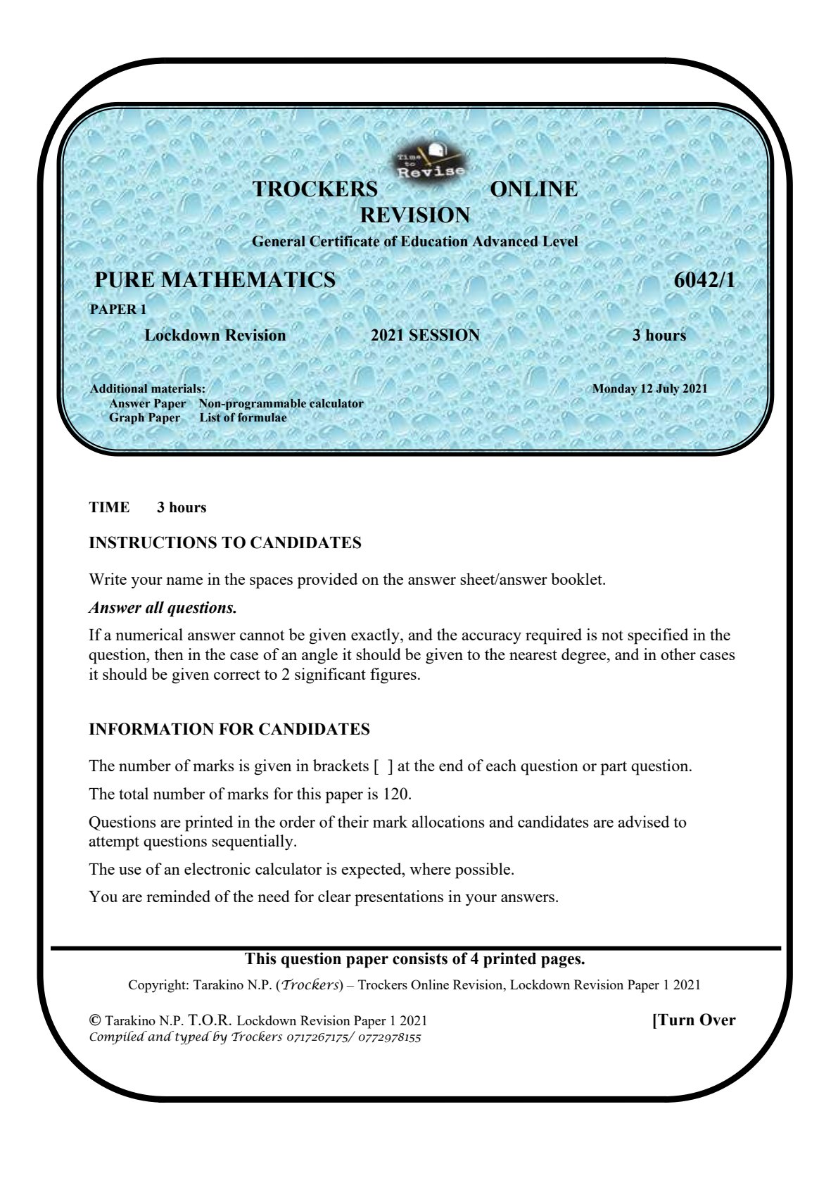 First page of A-Level Pure Mathematics Revision Pack Zimbabwe