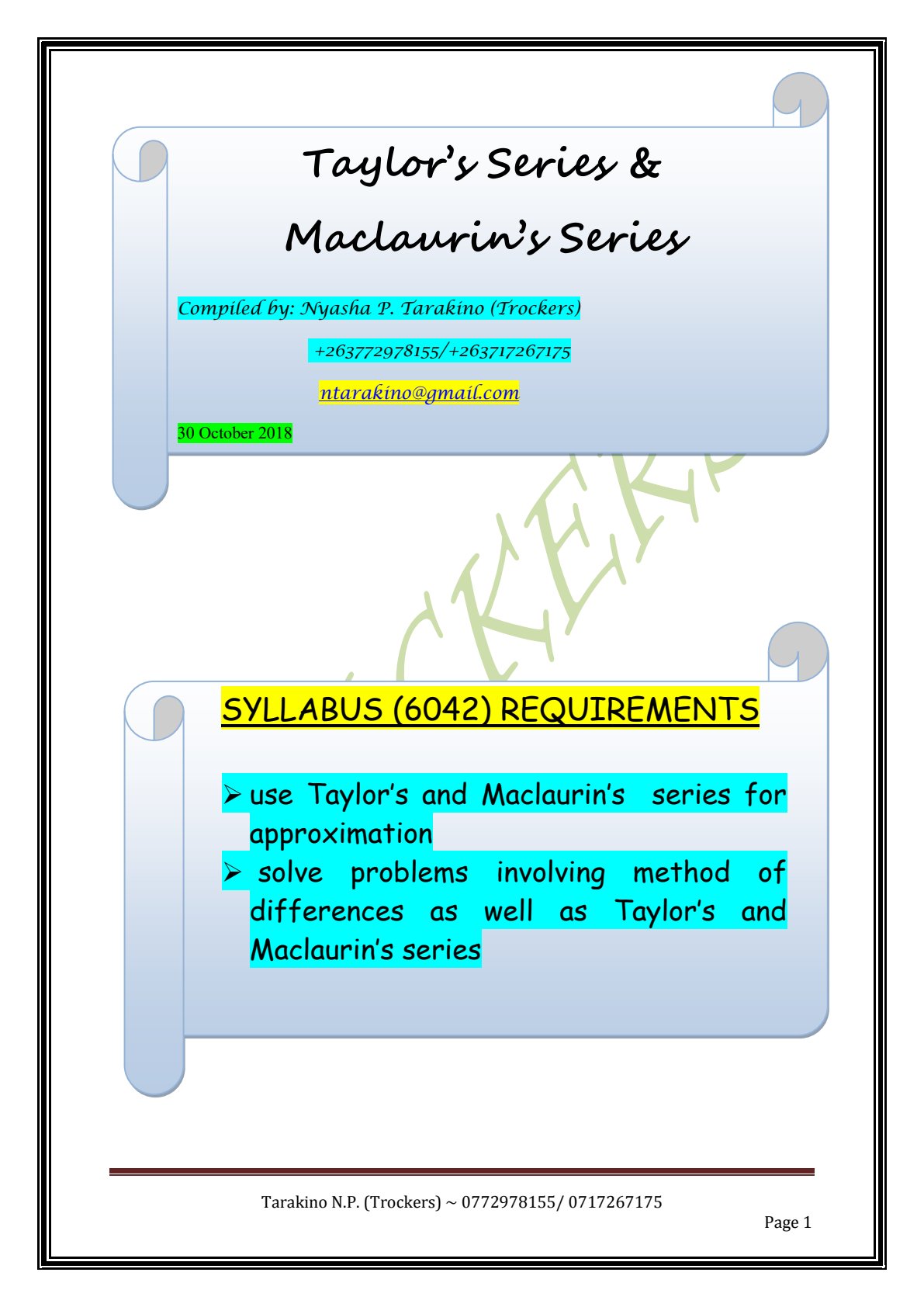 First page of A-Level Pure Mathematics Taylor and Maclaurin Series Notes Zimbabwe