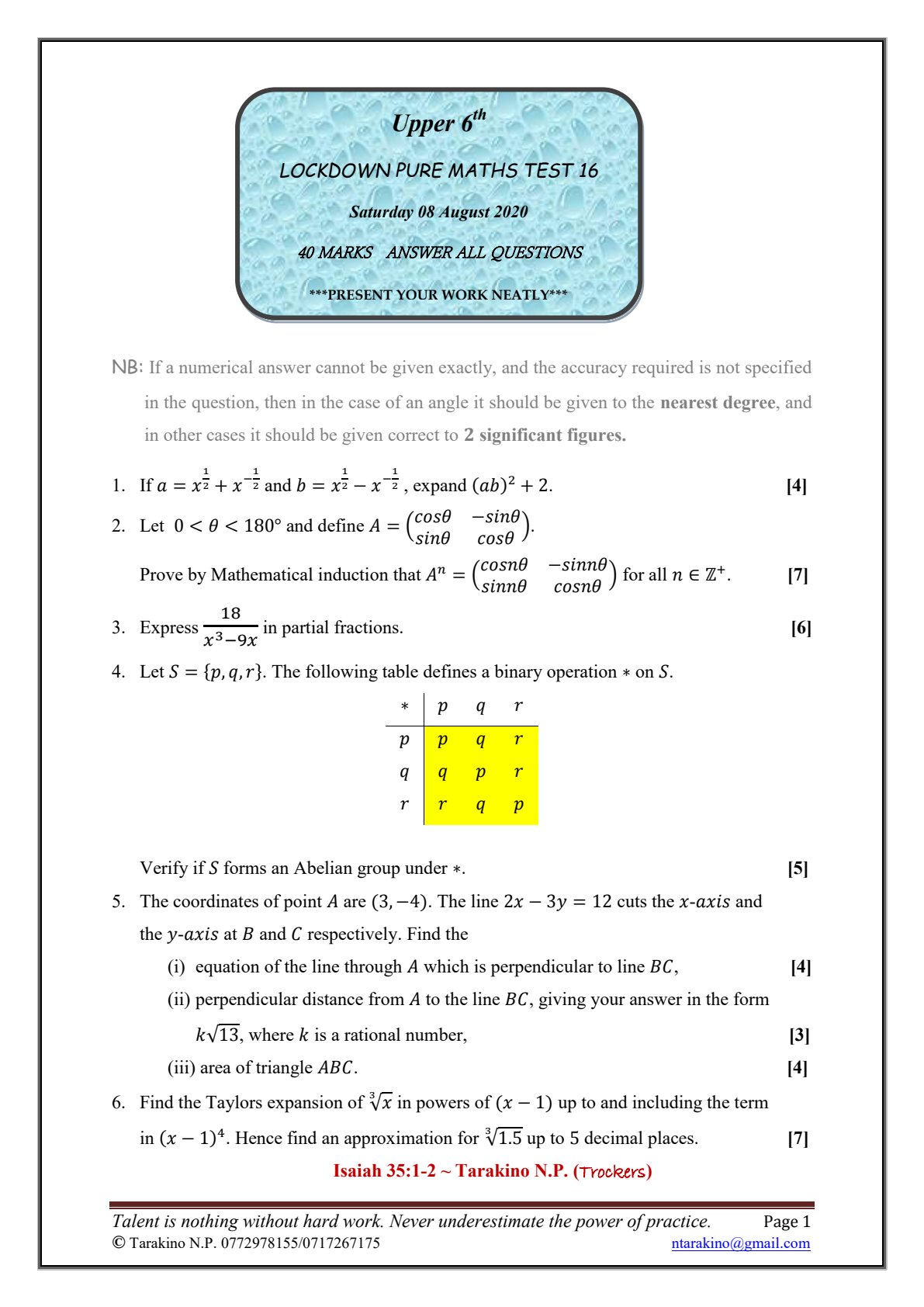 First page of A-Level Pure Mathematics Worksheet Zimbabwe