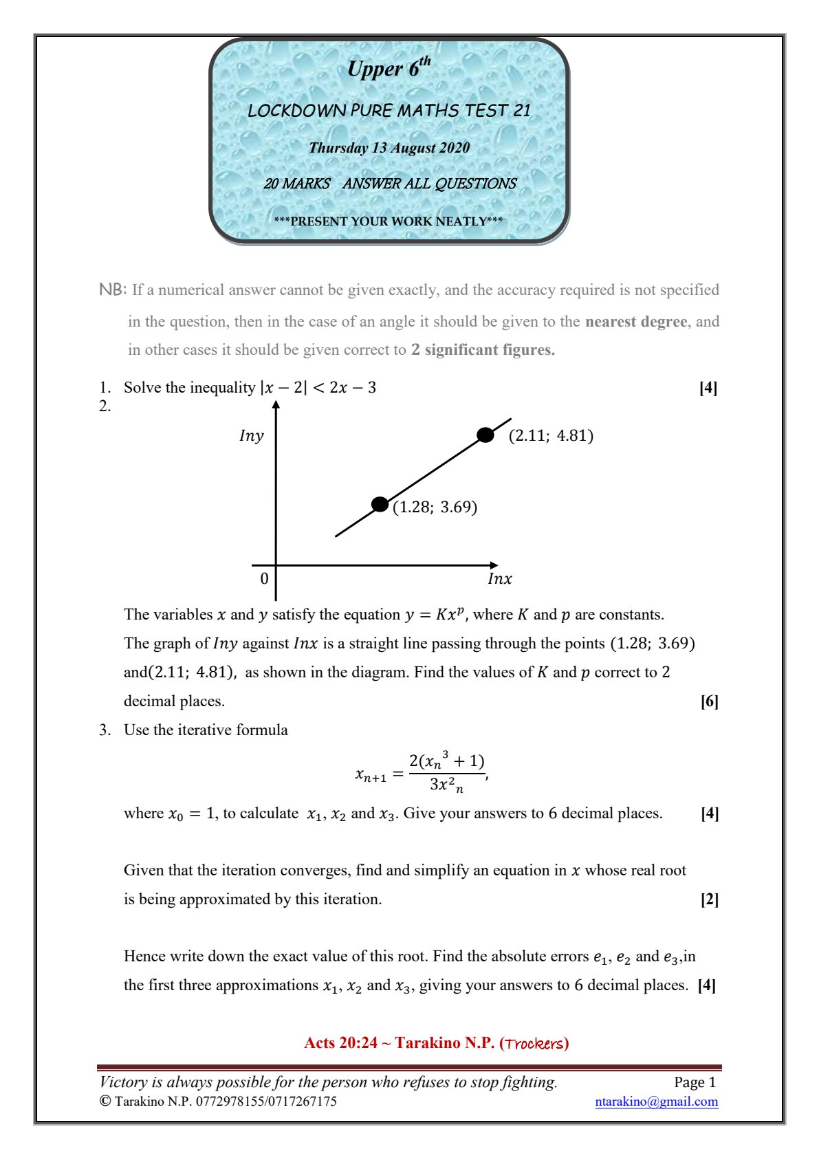 First page of A-Level Pure Mathematics Worksheet Zimbabwe