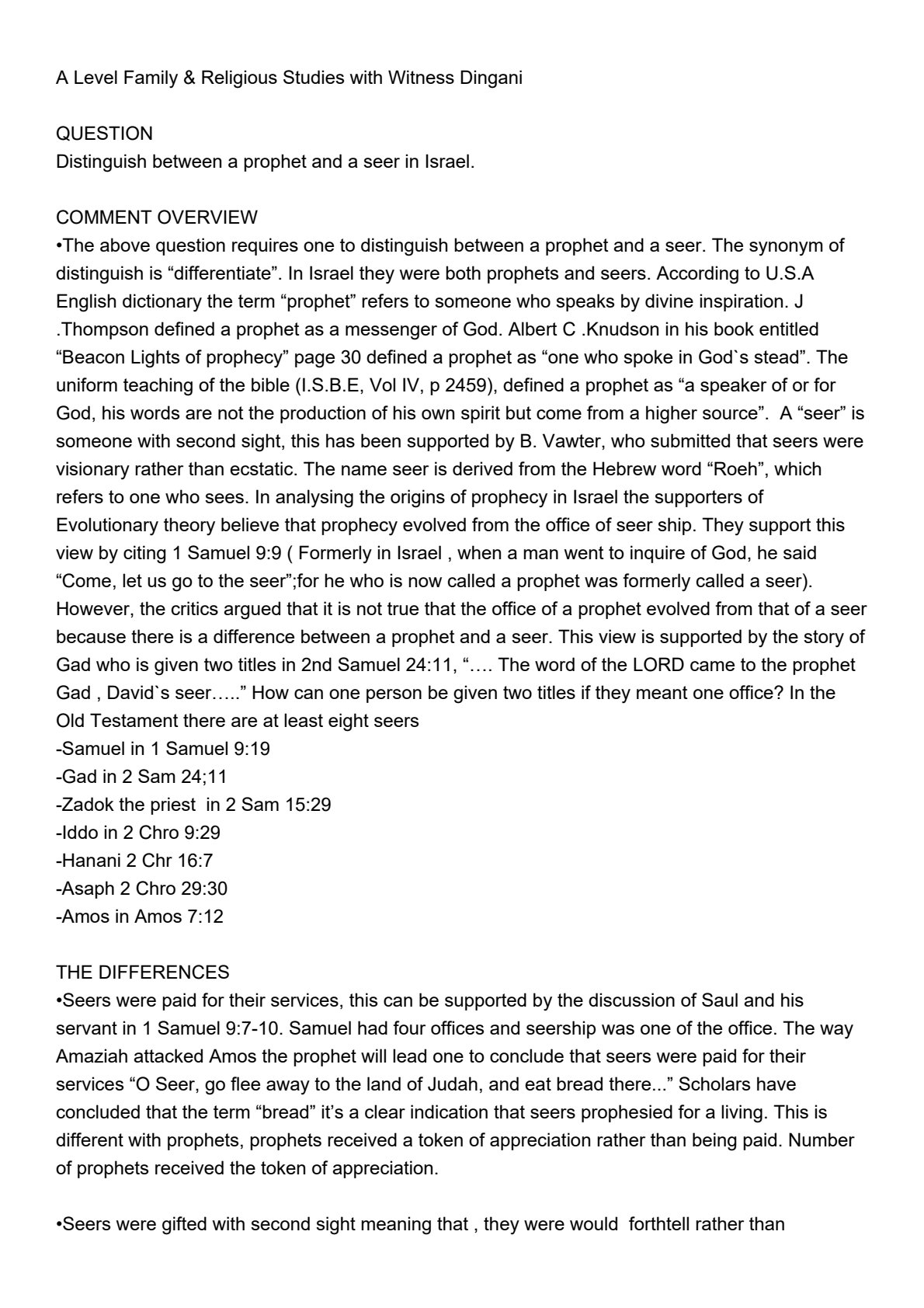 First page of A-Level Religious Studies Prophet and Seer in Israel Notes Zimbabwe