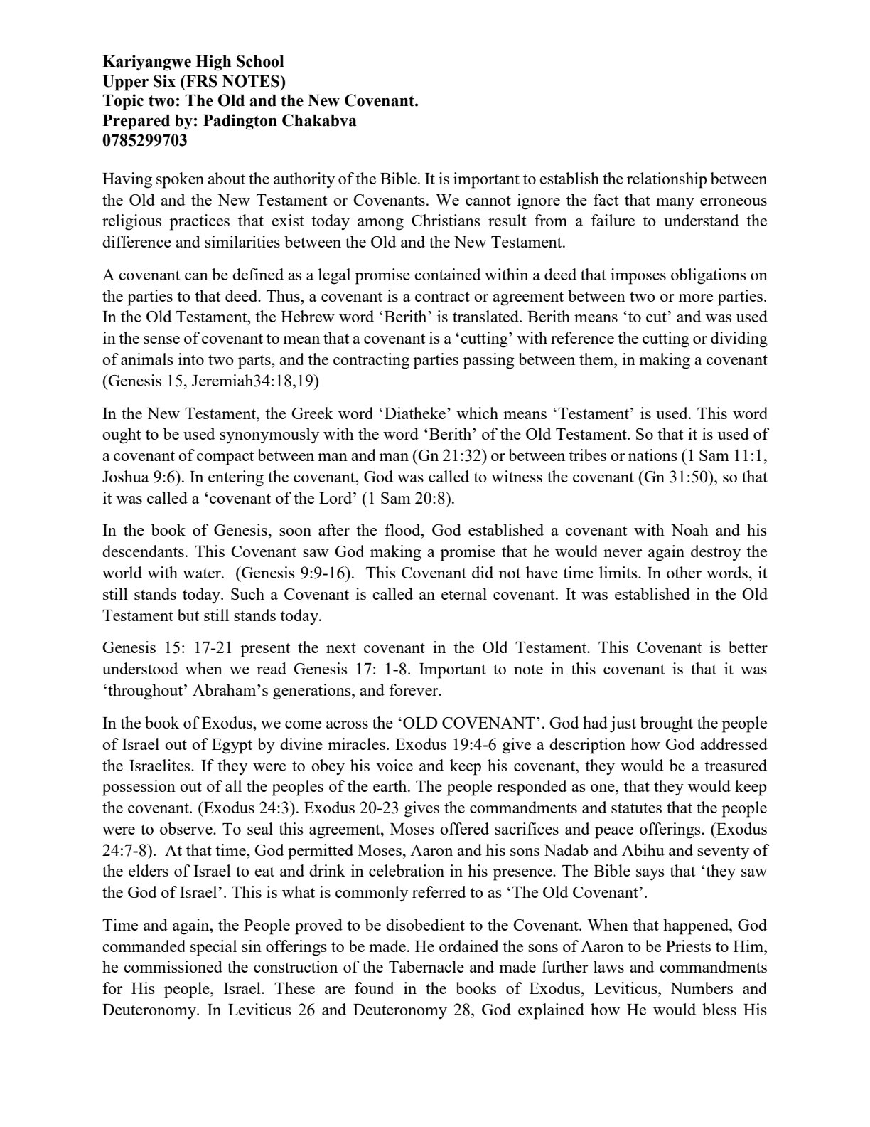First page of A-Level Religious Studies The Old and the New Covenant Notes Zimbabwe