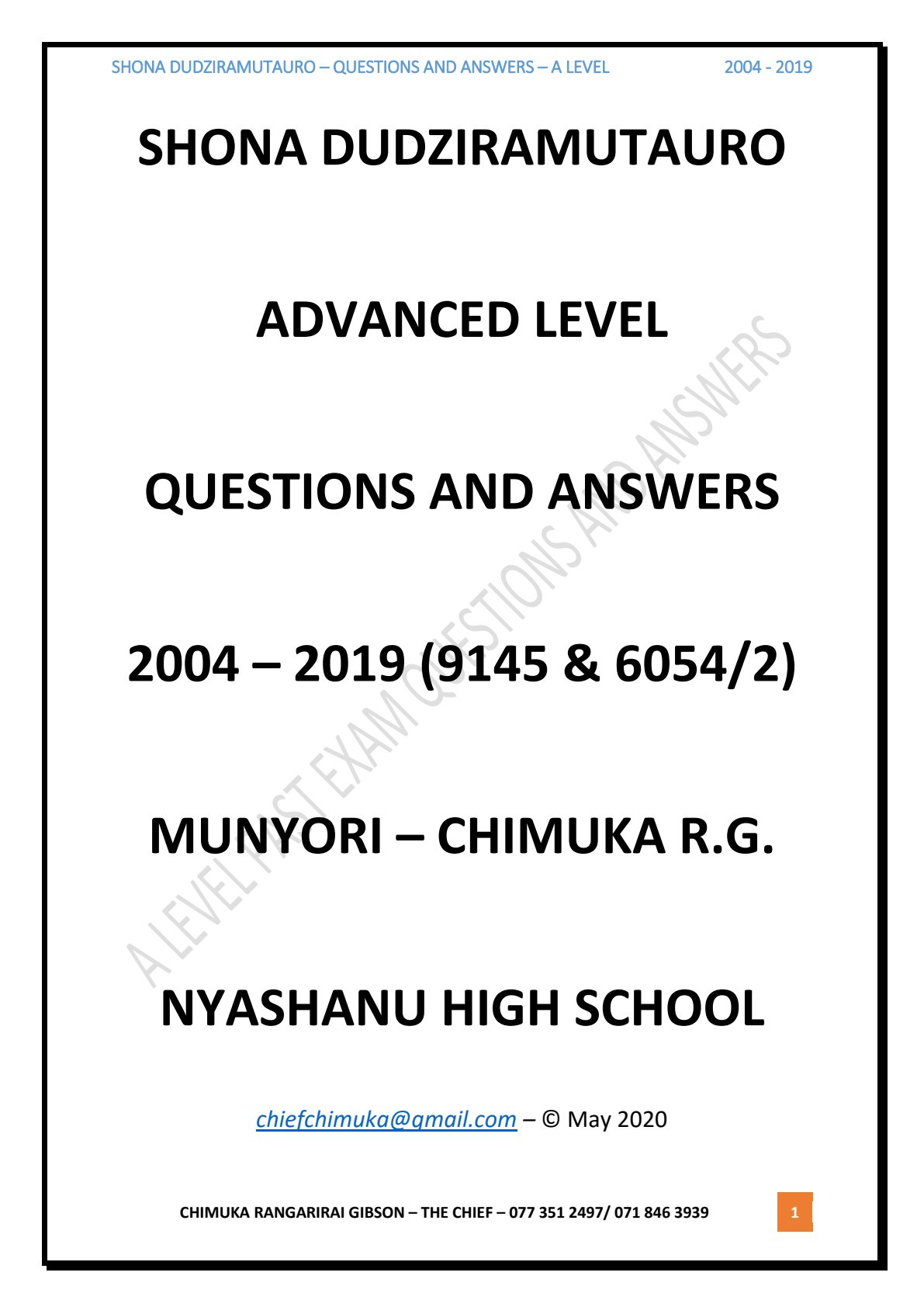 First page of A-Level Shona Dudziramutauro (Language) Revision Pack Zimbabwe