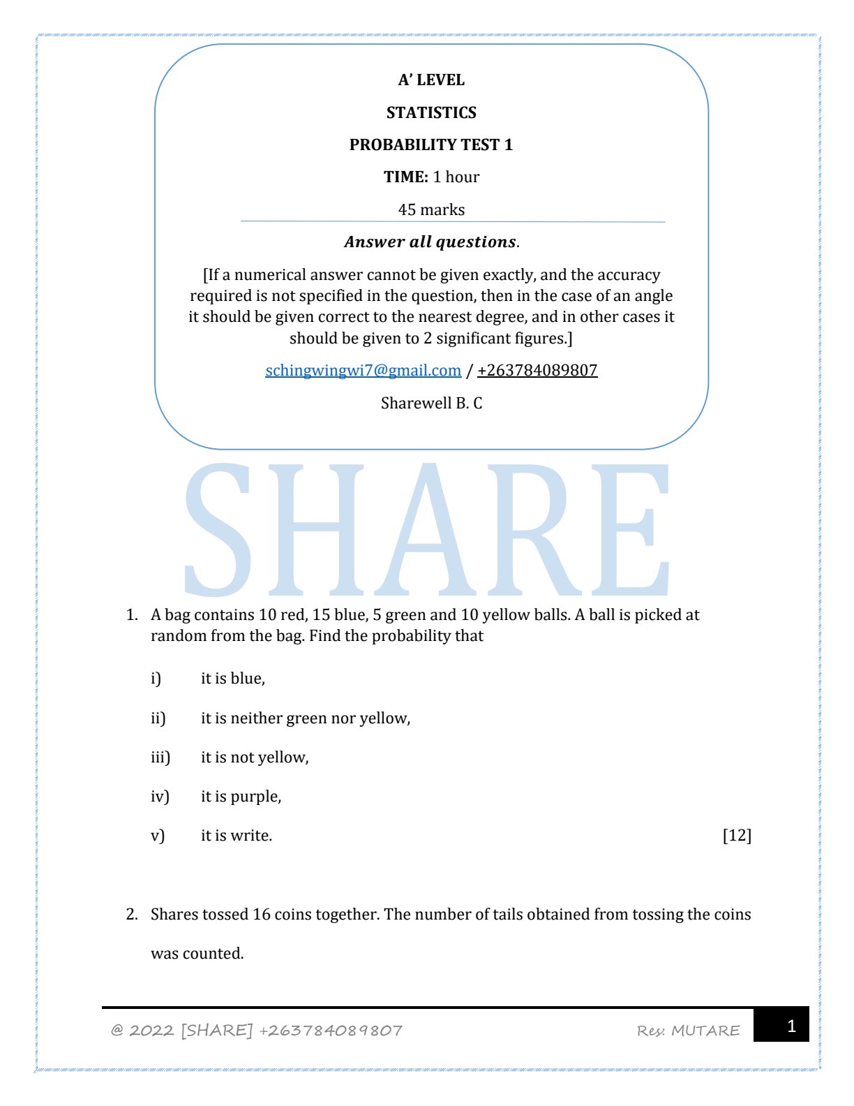 First page of A-Level Statistics 2022 Question Paper