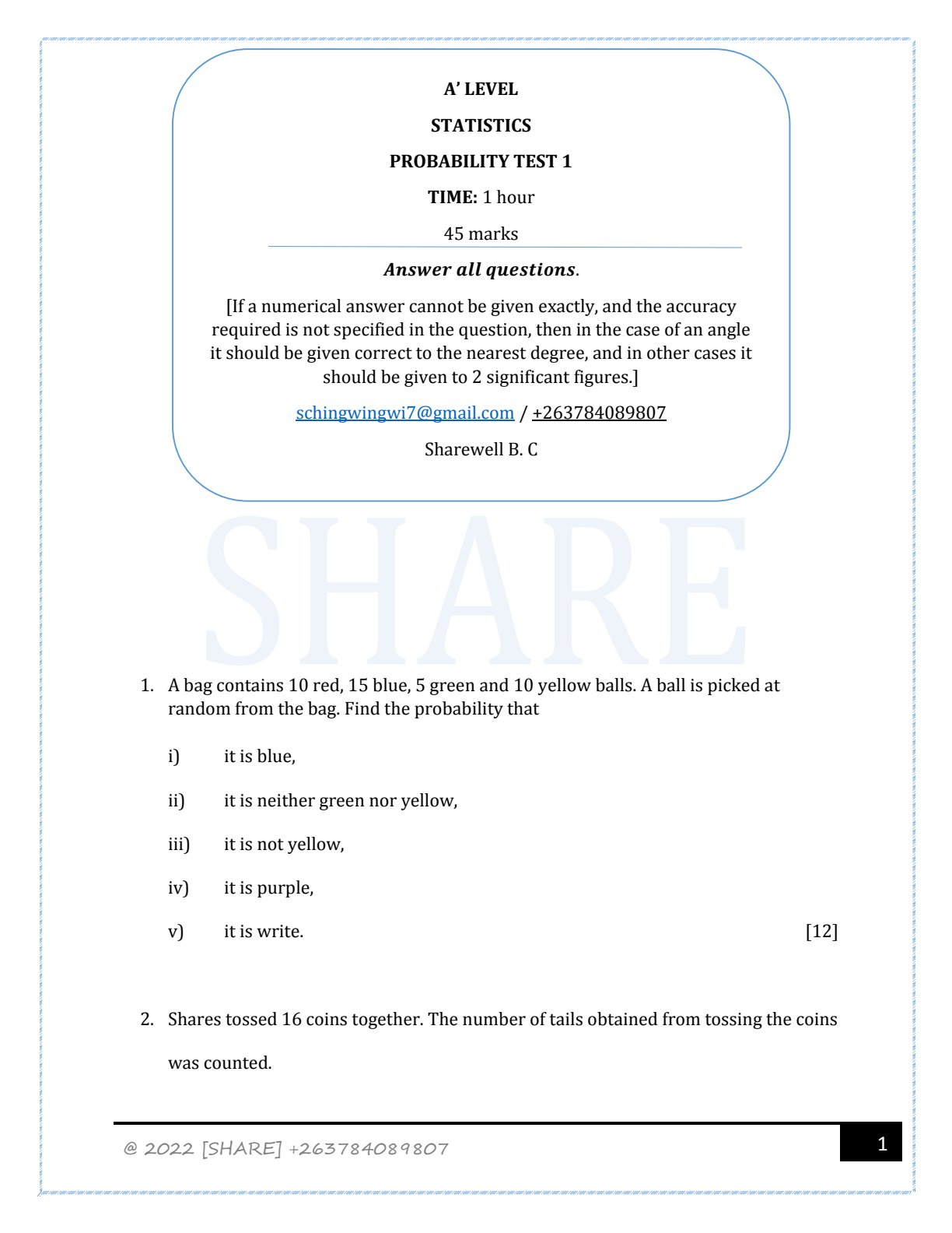 First page of A' LEVEL STATISTICS PROBABILITY TEST 1 Question Paper