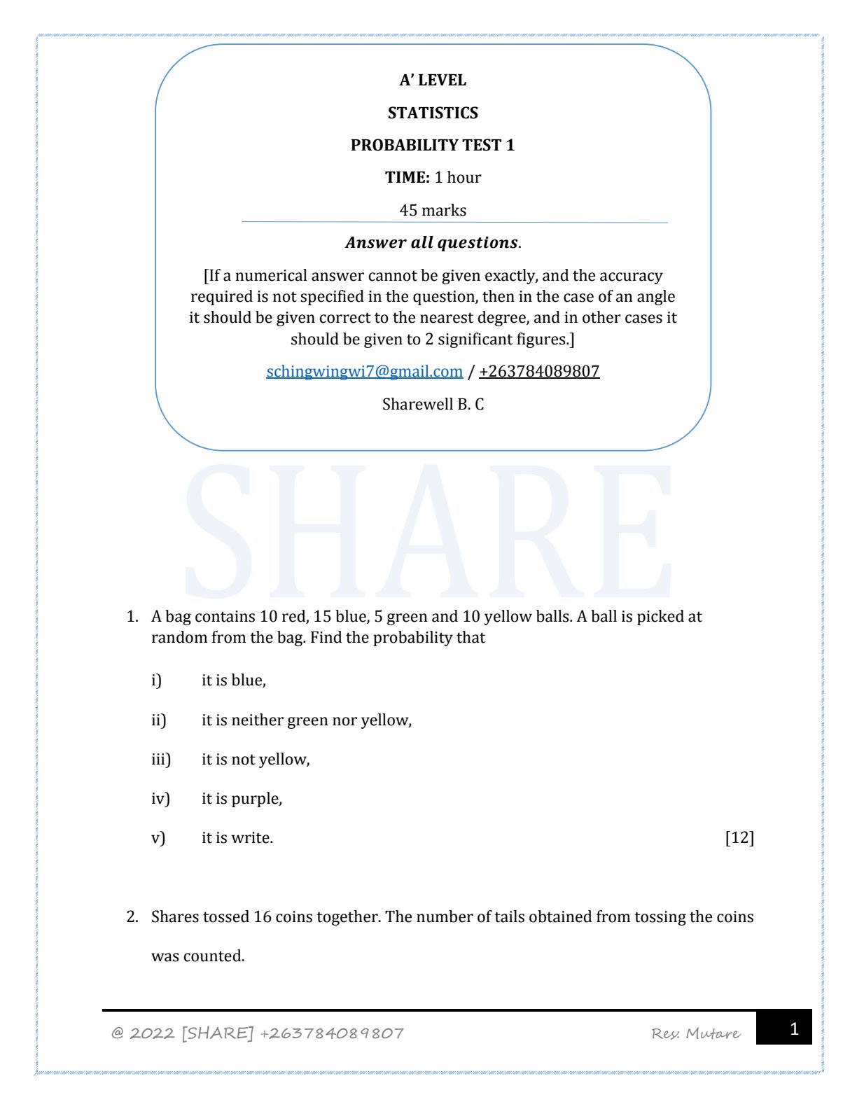 First page of A' Level Statistics Probability Test 1 Question Paper
