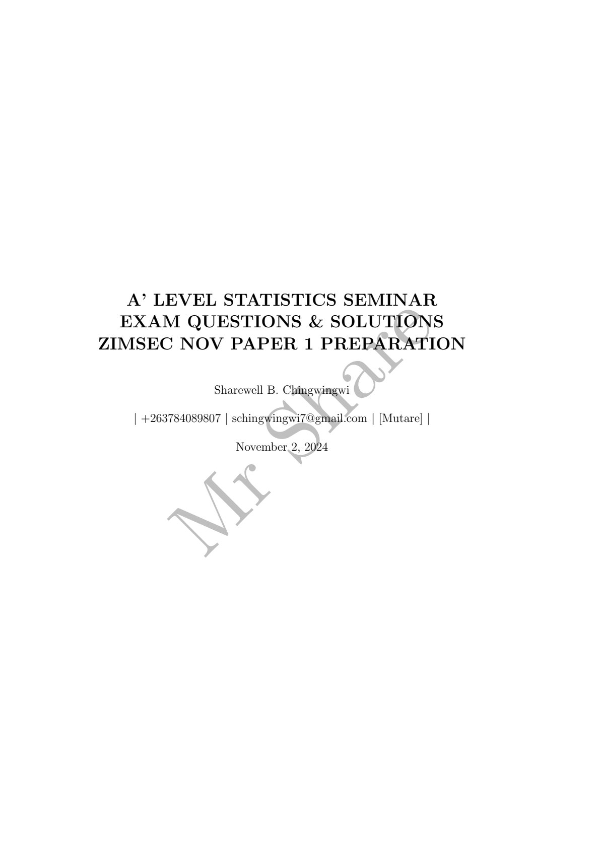 First page of A-Level Statistics Revision Pack Zimbabwe