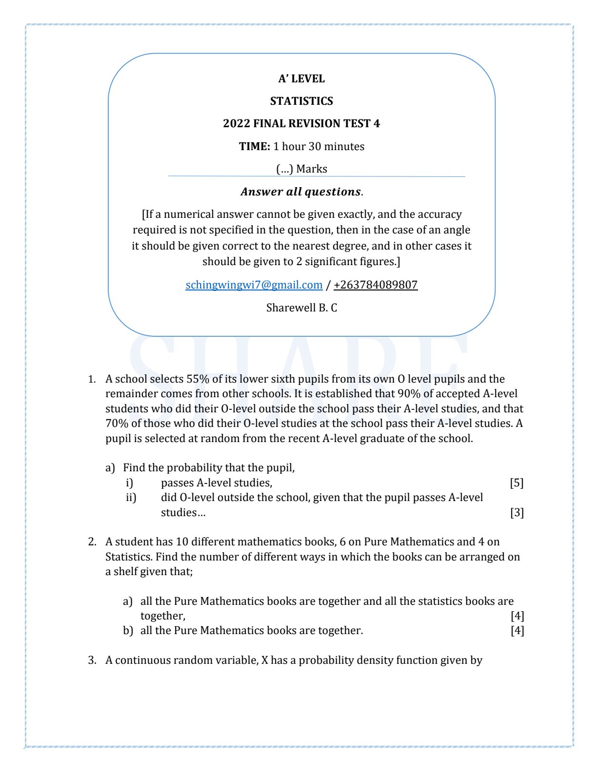 First page of A-Level Statistics Revision Pack Zimbabwe