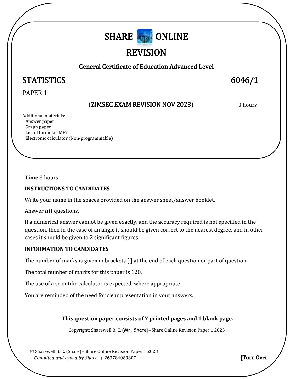 First page of A-Level Statistics Revision Pack Zimbabwe