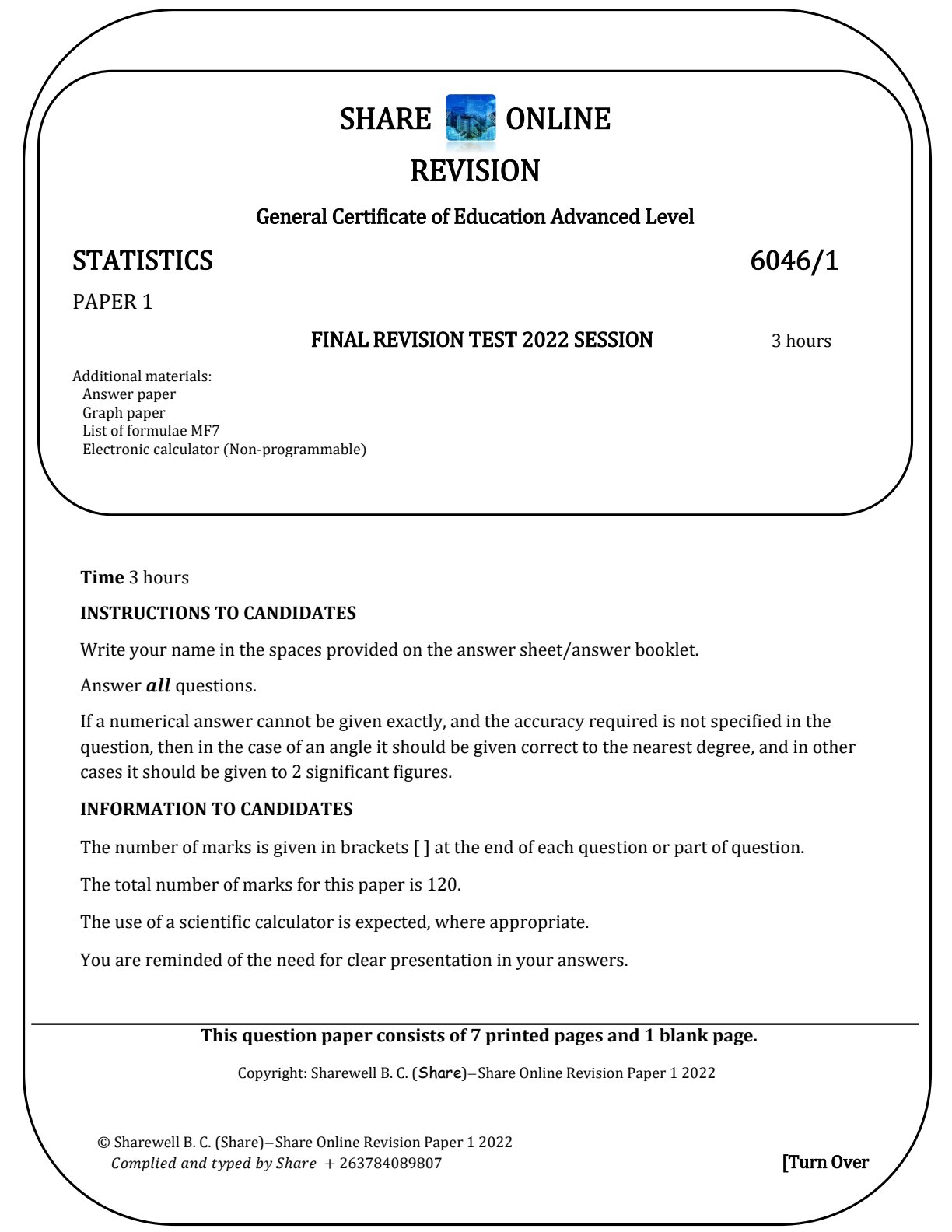 First page of A-Level Statistics Revision Pack Zimbabwe
