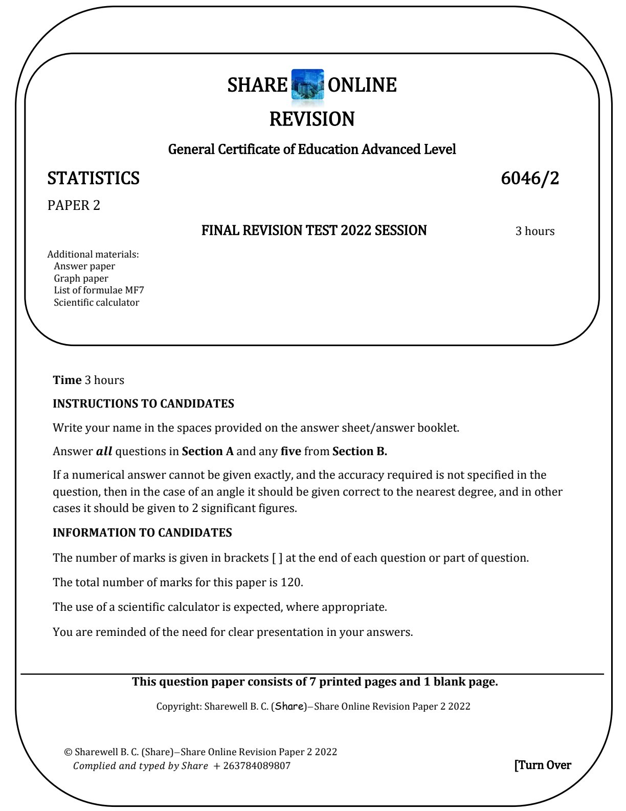 First page of A-Level Statistics Revision Pack Zimbabwe