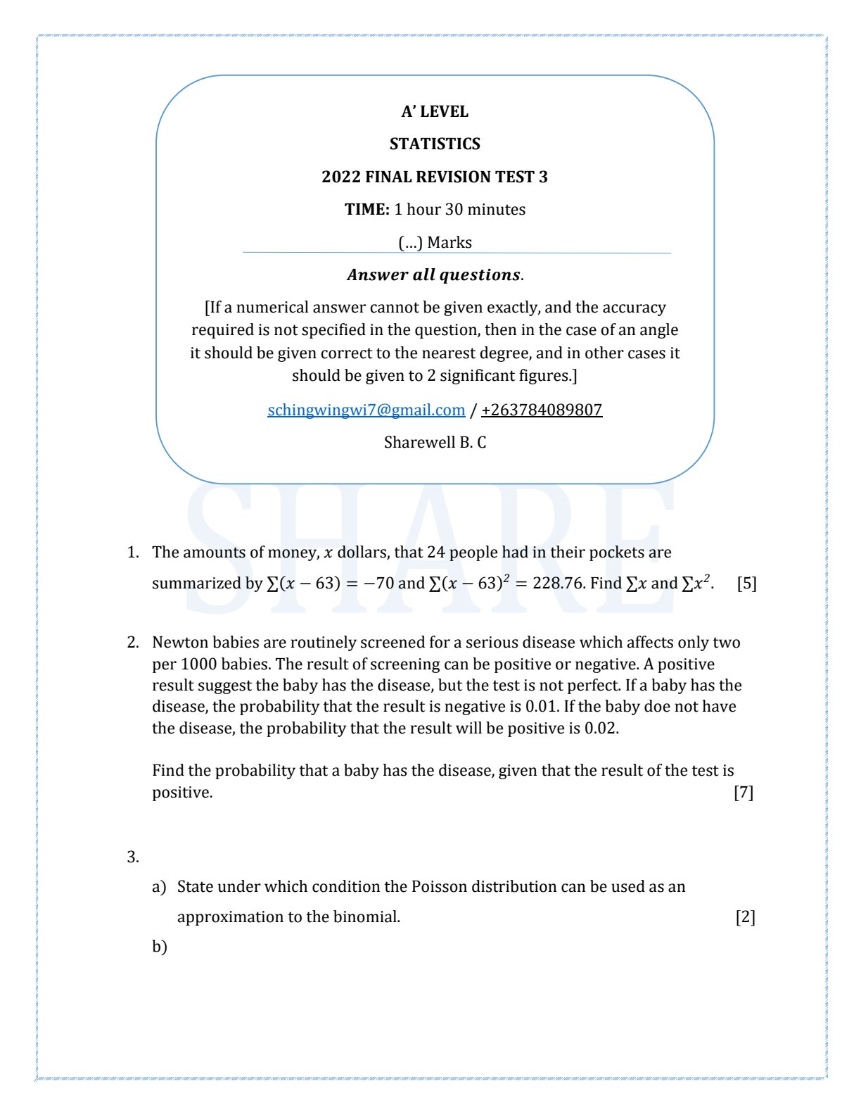 First page of A-Level Statistics Statistics Revision Pack Zimbabwe