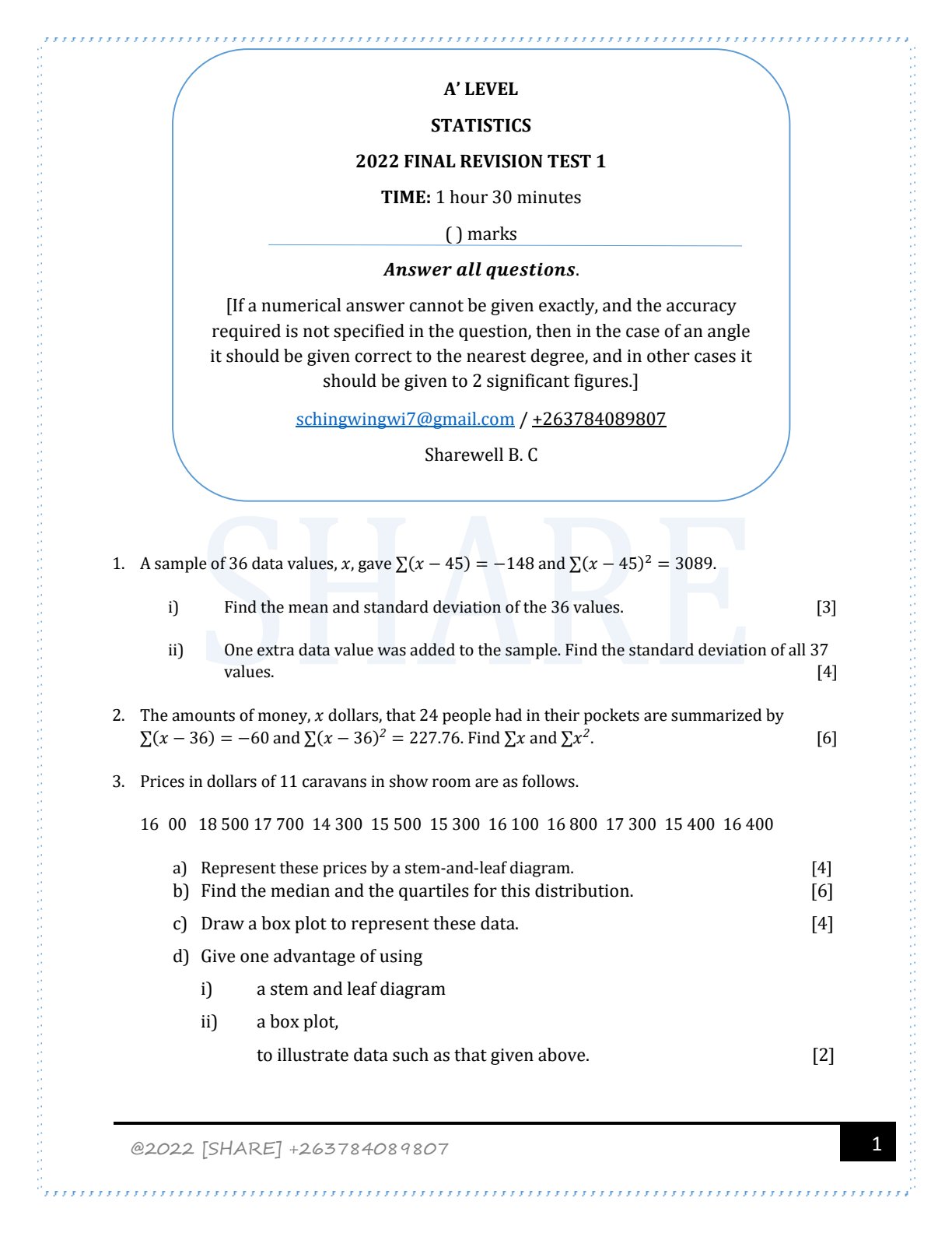 First page of A-Level Statistics Statistics Revision Pack Zimbabwe