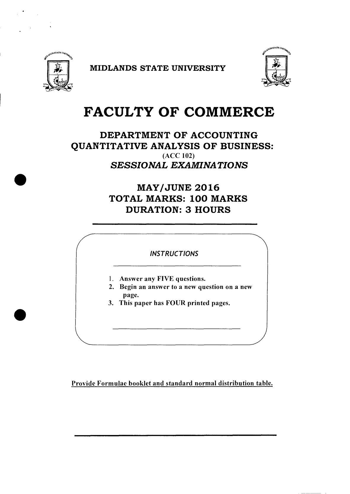 First page of ACC 102 Quantitative Analysis of Business May/June 2016 Question Paper