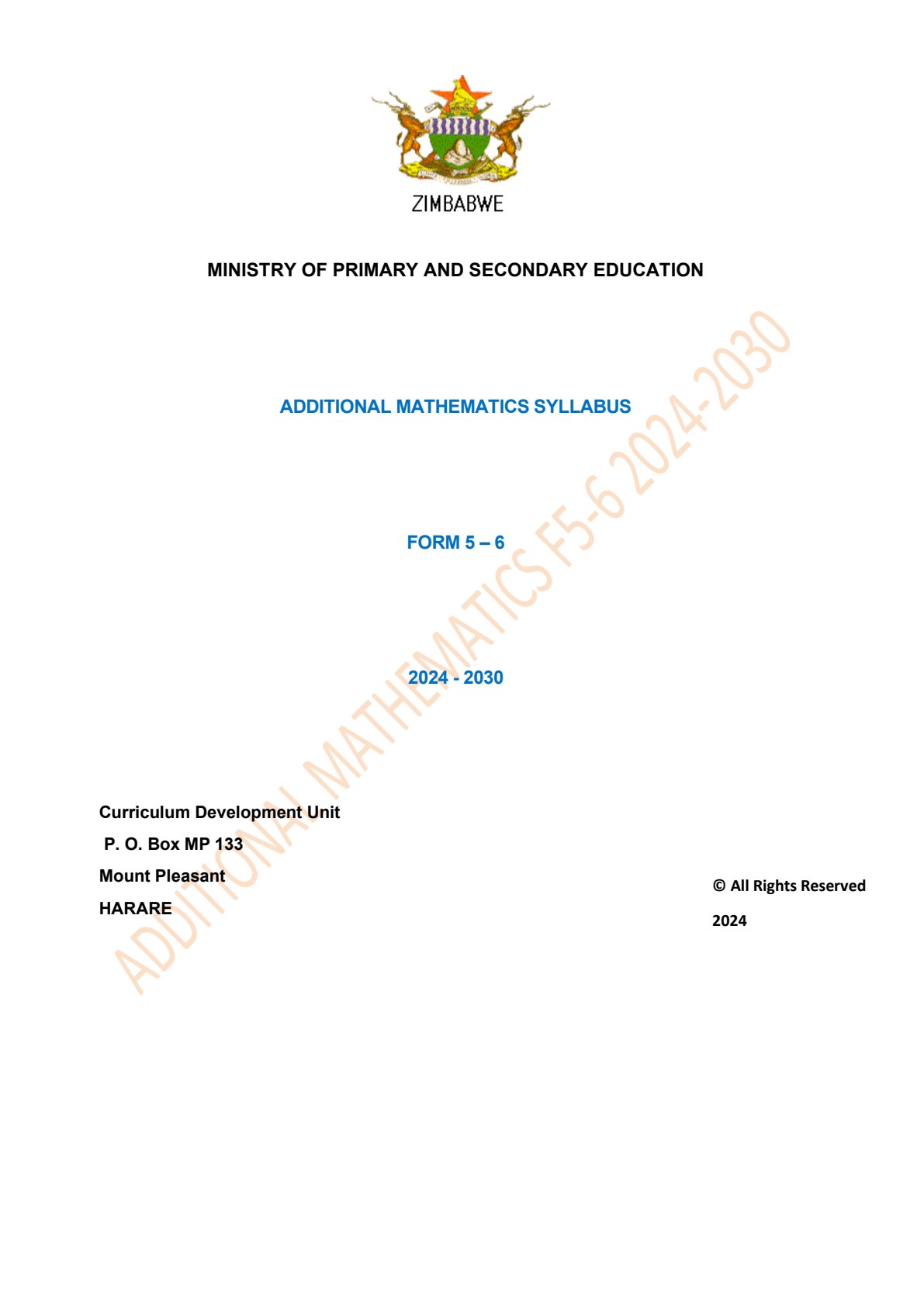 First page of ADDITIONAL MATHEMATICS SYLLABUS FORM 5-6 2024-2030