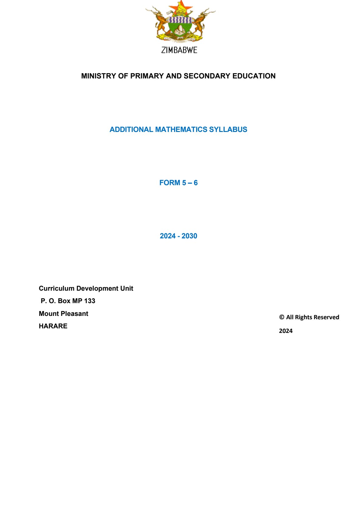 First page of Additional Mathematics Syllabus Forms 5-6
